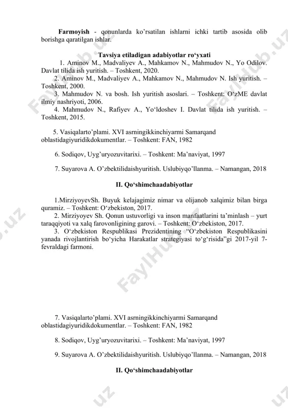 igi va inson manfaatlarini ta’minlash – yurt taraqqiyoti va xalq farovonligining garovi. – toshkent: o‘zbekiston, 2017. 3. o‘zbekiston respublikasi prezidentining “o‘zbekiston respublikasini yanada rivojlantirish bo‘yicha harakatlar strategiyasi to‘g‘risida”gi 2017-yil 7-fevraldagi farmoni. image1.emf /docprops/thumbnail.wmf 7 - mavzu.ta’tillar grafigi ,shartnoma,mehnat bitimi reja: 1. shartnoma 2. mehnat bitimi 3. s hartnomaning zaruriy qismlari shartnoma ikki yoki undan ortiq t omonning fuqarolik huquqlari va majburiyatlarini belgilash, o‘zgartirish yoki to‘xtatish yo‘lidagi kelishuvidir. boshqacha qilib aytganda, shartnoma tomonlarning biron - bir munosabatlar o‘rnatish haqidagi kelishuvi (bitimi)ni qayd etuvchi va munosabatlarni tartibga soluvchi hujjatdir. shartnoma to‘g‘risidagi umumiy qoidalar o‘zbekiston respublikasining fuqarolik kodeksi (353 – 385 - moddalar)da bayon etilgan. shartnoma davlat yoki nodavlat, jamoat tashkilotlari, korxonalar, muassasalar, shuningdek, fuqarolar o‘ rtasida tuzilishi mumkin. shartnoma munosabatlari muassasa bilan ayrim shaxs yoki shaxslar o‘rtasida o‘rnatilayotgan bo‘lsa, bunda tuzilajak hujjat aksar hollarda mehnat bitim deb ataladi. shartnomada tomonlar bajarishi lozim bo‘lgan shartlar va boshqa maj buriyatlar ko‘rsatiladi. ba’zi shartnomalarda olingan …