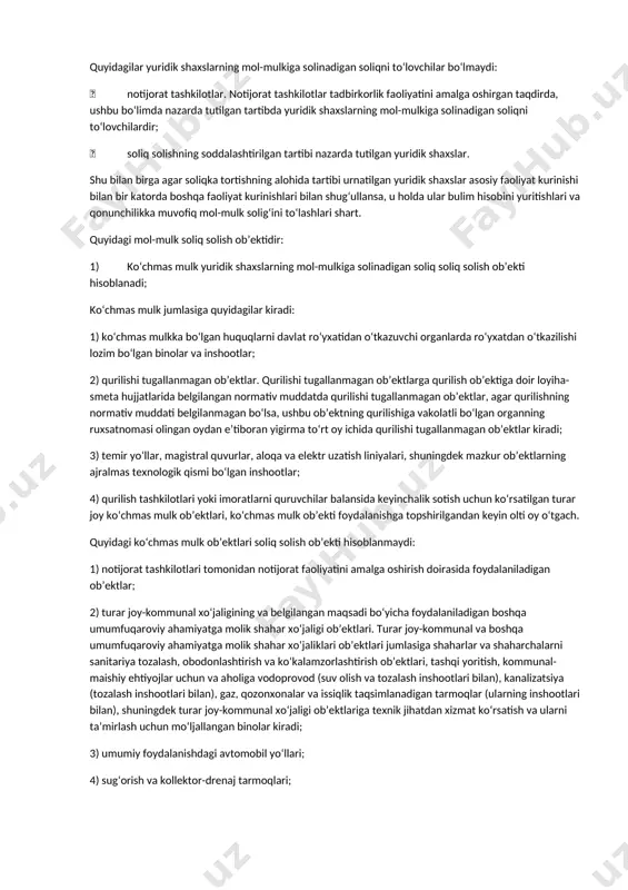 summasi to‘liq mahalliy byudjetlarga tushadi va u byudjetning barqaror daromad manbalaridan biri hisoblanadi. mahalliy iqtisodchi olim b.umarov mol-mulk solig‘iga ta’rif bera turib “mol-mulklarni soliqqa tortish korxonani soliq bilan tartibga solish bo‘lib, maxsus huquqiy tartibga ega” deya e’tirof etib o‘tgan . yana bir yosh iqtisodchi olimlardan a.x. islamkulov mol-mulk solig‘i birinchi navbatda cheklangan resurslardan oqilona foydalanishni ta’minlovchi, ikkinchi tomondan korxona faoliyatini tartibga solishga xizmat qiluvchi moliyaviy dastag hisoblanadi, deb e’tirof etgan . mamlakat soliq tizimida mol-mulk solig‘ini joriy qilishdan ko‘zlangan maqsad birinchidan, korxonalar o‘zlarining xo‘jalik faoliyatini yuritishda ortiqcha va foydalanilmayotgan mol-mulkini sotishga qiziqishini uyg‘otish bo‘lsa, ikkinchidan, korxonalar balansidagi mol-mulkdan samarali foydalanishni rag‘batlantirishdan iborat. chunki, korxonalarning ma’naviy va jismoniy tomondan eskirgan asosiy vositalarini yangi, ilg‘or texnologiya-uskunalar bilan yangilashi ishlab chiqarilayotgan tovarlarning bahosini arzonlashtiradi va raqobatbardosh tovarlar ishlab chiqarishga imkon beradi. xo‘jalik yurituvchi subektlarning balansidagi barcha mulklardan soliq to‘lashga majbur qilish uni ortiqcha bino, inshootlar, mashina va uskunalardan qutilishiga undaydi. bu esa, o‘z …