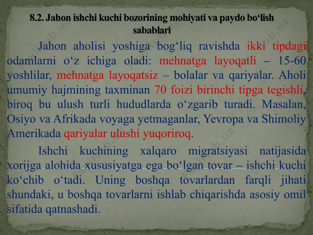 imzo chekkan mamlakatlar, qayd etilgan hujjatlarda qabul qilingan tartib-qoidalarga amal qilishlari va milliy mehnat qonunchiliklarini ularga muvofiq o‘zgartirishlari lozim. immigratsion qonunchilikning asosiy xususiyatlari quyidagilar: kasbiy malaka. ishchi kuchini qabul qiluvchi mamlakatlarning qonunchiligida mutaxassislik bo‘yicha bilim darajasi va staji borasida qat’iy talablar mavjud. ishchilarning shaxsiga oid cheklovlar. ishchi kuchini qabul qiluvchi mamlakatlar immigrantlarning sog‘ligiga oid qat’iy talablar ham qo‘yishadi. narkomanlar, ruhiy kasal odamlar, spid virusi bilan kasallanganlar mamlakatga qo‘yilmaydi. miqdoriy cheklash. ishchi kuchini qabul qiluvchi ko‘pchilik mamlakatlarda immigrantlarni qabul qilishda miqdoriy cheklashlar joriy etiladi, ya’ni ularning maksimal soni belgilab qo‘yiladi. iqtisodiy tartibga solish. bu usul immigrantlarning sonini qisqartirishni ta’minlovchi ma’lum moliyaviy cheklovlarni joriy etadi. bir qator mamlakatlarning qonunchiligi immigratsiyani rasmiylashtirish uchun va mahalliy korxonaga ishga joylashish uchun immigrantlarning ma’lum to‘lovlarni amalga oshirishlarini talab etadi. vaqtli cheklovlar. ishchi kuchini qabul qiluvchi mamlakatlarning ko‘pchiligi mamlakatga kirib kelgan xorijiy ishchilarning mamlakatda borishlarining maksimal muddatini belgilab qo‘yishadi. muddat tugagandan keyin ular mamlakatni tark etishlari yoki …