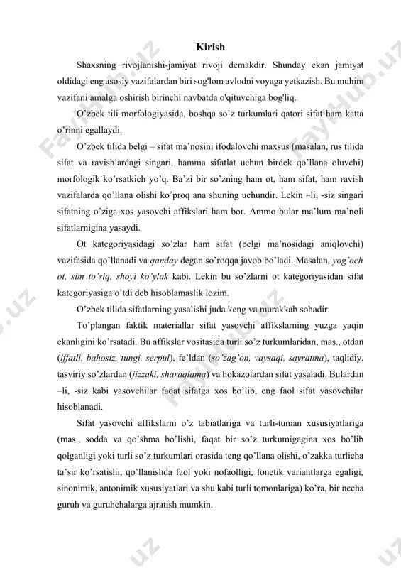 yatlariga (mas., sodda va qo’shma bo’lishi, faqat bir so’z turkumigagina xos bo’lib qolganligi yoki turli so’z turkumlari orasida teng qo’llana olishi, o’zakka turlicha ta’sir ko’rsatishi, qo’llanishda faol yoki nofaolligi, fonetik variantlarga egaligi, sinonimik, antonimik xususiyatlari va shu kabi turli tomonlariga) ko’ra, bir necha guruh va guruhchalarga ajratish mumkin. ba’zi bir so’zlar (sifatlar) tub holida ham, affiks olgan holda ham (mas., pok//pokiza, binoyi//binoyiday) bir ma’noni anglataverishi bilan xarakterlidir. kishi ruhiyati nihoyatda serqirra va turfa bo’lib, u o’zida xursandlik, darg’azablik, xafalik, loqaydlik kabi har xil holatlarni mujassamlashtiradi. shundan kelib chiqib, tilimizda bu holatlarni ifodalovchi leksemalarga ehtiyoj tug’iladi. natijada xushhol, xushnud, xurram, quvnoq, shodmon, shod, xushchaqchaq, g’amgin, dilgir, xafa, xomush, ma’yus, giryon, xunibiyron, diltang, g’azabnok, kinli, darg’azab, g’azabli, sog’, sergak, hushyor, lol, mudroq, loqayd kabi leksemalarni nutqimizda qo’llaymiz. bu leksemalarni birlashtiruvchi guruh holat bildiruvchi sifatlar guruhi deb ataladi. tilimizdagi ruhiy holat ifodalovchi sifatlar bir qator turlarga ajraladi: xursandlik holatini ifodalovchi sifatlar; xafalik holatini …