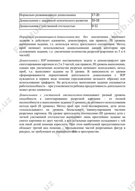 олнению задания (i уровень) до активного использования метода проб (ii уровень). метод проб при этом несовершенен, дети легко «соскальзывают» на уровень бесцельного манипулирования частями разрезных картинок. на уровне зрительного соотнесения (iii уровень) дети с легкой умственной отсталостью выполняют лишь простейшее задание на синтез картинки из двух частей, а все остальные картинки складывают с той или иной дозой помощи взрослого. при этом наибольшей продуктивностью обладает третий вид помощи – предъявление частей разрезанных фигур в ракурсе, не требующем их переориентatsiи в пространстве.