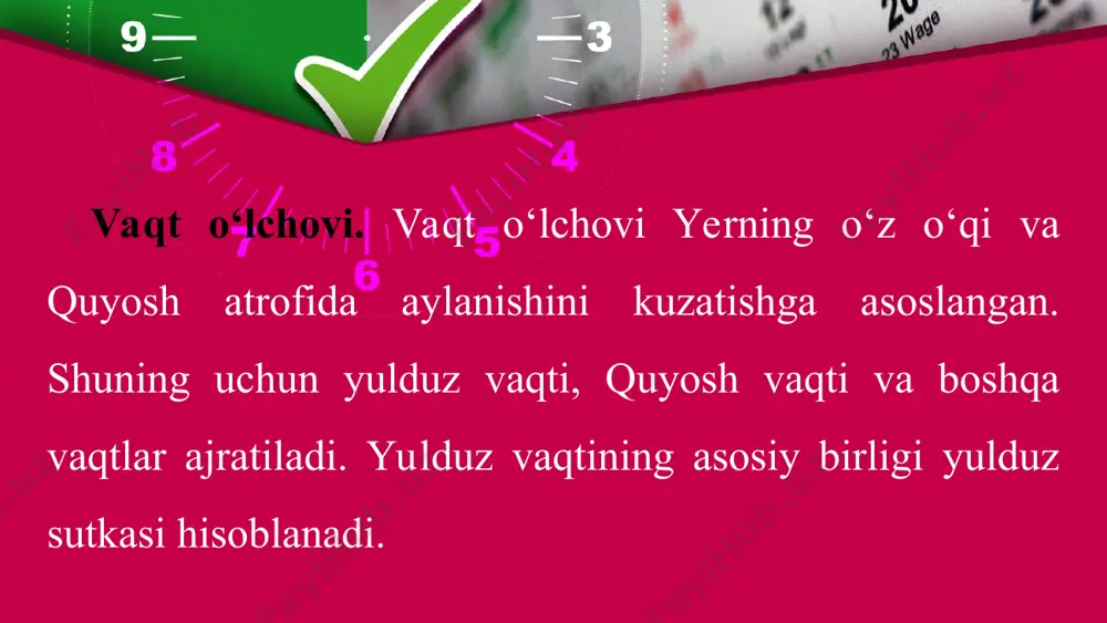 qo‘shni meridiandan bir soat farq qiladi. this presentation uses a free template provided by fppt.com www.free-power-point-templates.com bosh meridianda tush payti bo‘lganda, 180° meridianda yarim kecha, bosh meridiandan sharqdagi 90° uzunlikda kechqurun, g‘arbdagi 90° uzunlikda ertalab bo‘ladi. shimoliy qutbdan janubiy qutbgacha bitta meridianda joylashgan nuqtalarda vaqt bir xil bo‘ladi, ya’ni bitta meridianning hamma joyida vaqt bir xildir. bu vaqt mahalliy vaqt deb ataladi. ammo turli uzunliklarda joylashgan nuqtalar vaqti bir-biridan farq qiladi, bu esa xo‘jalik yuritishda noqulaylik keltirib chiqaradi. shuning uchun soat mintaqalarining vaqt hisobi joriy qilingan. this presentation uses a free template provided by fppt.com www.free-power-point-templates.com mintaqa vaqti. xalqaro kelishuvga ko‘ra, yer yuzasi shartli ravishda 24 soat mintaqasiga bo‘lingan (360° : 24 = 15°). mintaqaning hamma joyida shu mintaqaning o‘rta qismidan o‘tgan meridianning mahalliy vaqti qabul qilingan. bir soat mintaqasidagi vaqt mintaqa vaqti deb ataladi. o‘rtasidan bosh meridian o‘tadigan soat mintaqasi nolinchi (yigirma to‘rtinchi) mintaqa deb qabul qilingan. this presentation …