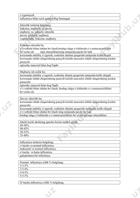 orxonada tarkibiy o‘zgarish, xodimlar shtatini qisqarishi natijasida kelib chiqadi o‘z xohishi bilan ishdan bo‘shash ning natijasida paydo bo‘ladi boshqa ishga o‘tishlarida o‘z mutaxassisliklari bo‘yicha ish topa olmasliklari ishchi kuchi aholining qancha foizini tashkil qiladi 49-50% 40-45% 30-35% 35-40% inflyatsiya turlarini belgilang: o‘rtacha va normal inflyatsiya maksimal va normal inflyatsiya, o‘rtacha va katta inflyatsiya galopirlanuvchi inflyatsiya normal inflyatsiya yillik % belgilang: 3-3.5% 3.5-4% 4-4.5% 5-5.5% o‘rtacha inflyatsiya yillik % belgilang: 10% 11% 9% 7% bozor iqtisodiyoti qonunlari qanday? raqobat, talab va taklif qonunlari raqobat va ehtiyoj qonunlari taklif va tahlil qonunlari raqobat va tahlil qonunlari shirkat jamoa mulki bu: davlat korxonalarn iijaraga berish ,davlat korxonalarini aksiyadorlik jamiyatiga aylantirish o‘zbekistonda mamuriy–huquqiy tuzilmaning byudjet yoki boshqa mablag`lari hisobiga vujudga keladi davlatlar aro ,birlashgan va boshqa tuliq yoki hissali ishtirok etishda turli mulkchilik shakllariga asoslanadi ta’sis etilgan korxonani to‘liq sotib olish yoki hissaviy ishtirok etish yoki shunday korxonaga egalik qilish tufayli yuzaga keladi davlat …