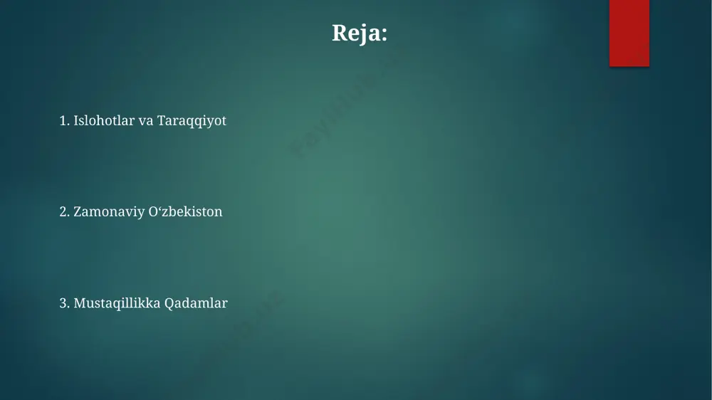 i, yalpi ichki mahsulot (yaim) 1990-yillar boshlarida sezilarli darajada pasaydi. mustaqillikkacha bo‘lgan yo‘l "xalq fronti" kabi milliy-demokratik harakatlarning paydo bo'lishi va faollashuvi, 1988-1991 yillardagi parlamentdagi muxolifatning kuchayishi mustaqillik yo'lidagi muhim omil bo'ldi. o'zbekiston kommunistik partiyasidagi ichki kurashlar va islohotlarning sustligi, markazdan qat'iy ravishda boshqarishga qarshi kurashlar mustaqillikka bo'lgan yo'lni tezlashtirdi, bu jarayonda xalq harakati muhim rol o'ynadi. 1986 yildagi andijon voqealari milliy harakatning kuchayishiga, sovet tuzumiga qarshilik ko'rsatishga va mustaqillik g'oyasining tarqalishiga turtki bo'ldi, bu 5 yildan keyin mustaqillikka olib keldi. tashqi siyosat oʻzbekistonning tashqi siyosati mustaqillikning dastlabki yillarida 15 dan ortiq davlat bilan diplomatik aloqalar oʻrnatishga qaratilgan boʻlib, multilateralizm tamoyillariga sodiq qolishni oʻz ichiga oldi. 2000-yillardan boshlab, oʻzbekistonning tashqi siyosati mintaqaviy hamkorlikka, jumladan, markaziy osiyo davlatlari bilan strategik sheriklikka kuchli urgʻu berdi, shu bilan birga, xalqaro hamjamiyat bilan faol munosabatlarni rivojlantirdi. davlatning tashqi siyosiy strategiyasi "oʻzbekiston-2030" taraqqiyot strategiyasi doirasida iqtisodiy diplomatiya va savdo-iqtisodiy aloqalarni kengaytirishga, xorijiy investitsiyalarni jalb qilishga …