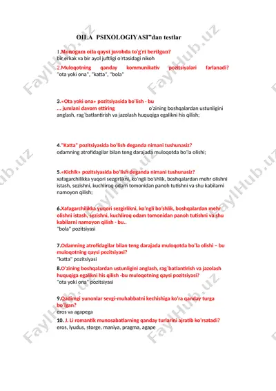 oila psixologiyasi”dan testlar — DOC