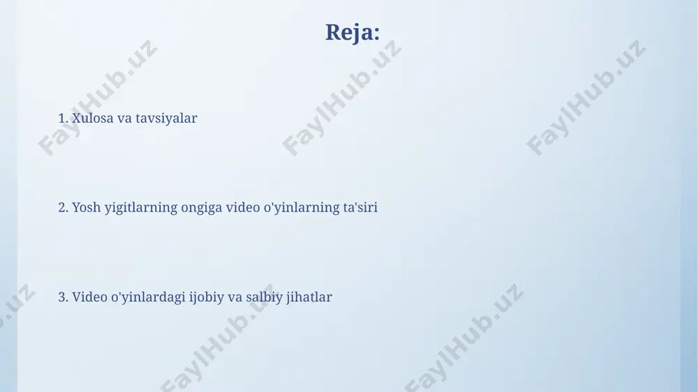 nlardagi zo'ravonlik sahnalarini cheklash va bolaning yoshiga mos, ta'lim beradigan yoki ijodkorlikni rivojlantiradigan o'yinlarni tanlash muhim. virtual o'yinlarda kuniga 2 soatdan ortiq vaqt o'tkazmaslik, aks holda ko'z charchoqlari va boshqa sog'liq muammolari yuzaga kelishi mumkin. o'quv jarayoniga ta'siri ba'zi o'yinlardagi takrorlanuvchi harakatlar va soddalashtirilgan muammolar o'quv jarayonida mustaqil fikrlash va analitik qobiliyatlarning rivojlanishiga salbiy ta'sir ko'rsatib, bilim olish samaradorligini pasaytiradi. virtual o'yinlar 10-16 yoshli o'smirlarda diqqatni jamlash muddatini 20% ga qisqartirishini va murakkab vazifalarni bajarishda qiyinchiliklarni keltirib chiqarishini ko'rsatuvchi tadqiqotlar mavjud. zo'ravonlik va tajovuzkorlik masalasi o'yinlardagi zo'ravonlik tasvirlari 12 yoshgacha bo'lgan bolalarda tajovuzkorlikning 30% ga oshishiga olib kelishi mumkinligi haqida tadqiqotlar mavjud. zo'ravonlikni targ'ib qiluvchi o'yinlarni muntazam o'ynagan o'smirlarda empatiya darajasi 20% ga kamayishi va ijtimoiy munosabatlardagi qiyinchiliklar kuzatilishi mumkin. sog'liqqa ta'siri (ko'z, orqa, uyqu) oʻyin paytida notoʻgʻri holatda oʻtirish orqa miya egriligiga, skolioz kabi kasalliklarga olib kelishi mumkin, bolalarning 15% gacha bu muammodan aziyat chekishi mumkin. koʻp soat davomida …