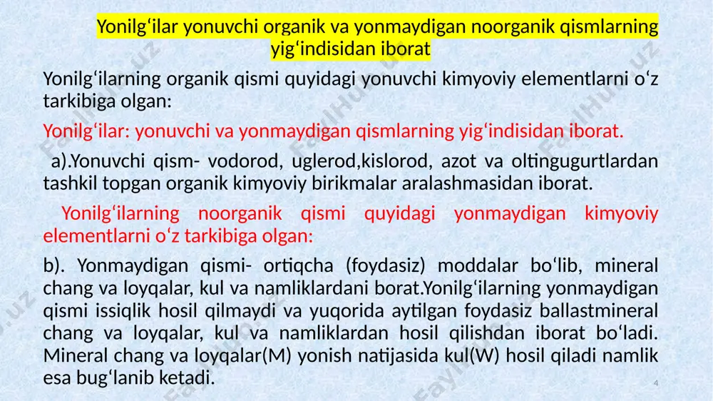 uvchi massa; iii-quruq massa; iv-tajribaviy (analitik) massa; v-ishchi massa yonilg‘i tarkibidagi massa ulushlarining son qiymatlarini % larda toppish uchun har birtashkil etuvchining foiz ulushlari ma’lum bo‘lishi kerak. masalan: 14 har qanday yonilg‘ining asosiy ko‘rsatkichi yonish issiqligi hisoblanadi. yonish issiqligining o‘lchov birligi djoul(dj). uzoq vaqtlar davomida kaloriya o‘lchov birligidan foydalanilgan (kal). bu ko‘rsatkichlarning nisbati quyidagicha: 1 kal = 4,1867 dj, 1 kkal = 4186,7 kdj. yonilg‘ilarning energetik potensiali yonish jarayonida hosil bo‘lgan yuqori yonish issiqligi va past yonish issiqligi bilan aniqlanadi. dvigatelarning yonish kamerasida yonilg‘i havo aralashmasini hosil qilish uchun yonilg‘i bug‘langan holatda bo‘lishi kerak. aralashmaning tez va sifatli hosil bo‘lishi yonilg‘ining to‘la bug‘lanishiga, havo haroratiga va bosimiga, havoning kameradagi uyurmali harakatiga, yonilg‘ining tomchilarining maydaligiga va “uning bug‘lanuvchanligi” ga bog‘liq. yonilg‘i tomchilari qancha mayda bo‘lsa, ularning bug‘lanish yuzasi shuncha ko‘p bo‘ladi. shu bilan birga tomchilarning kichikroq bo‘lishi, ularning tezrok isishiga ham sabab bo‘ladi. ma’lumki, dizeldvigatelarda aralashma hosil bo‘lish vaqti va sharoiti …