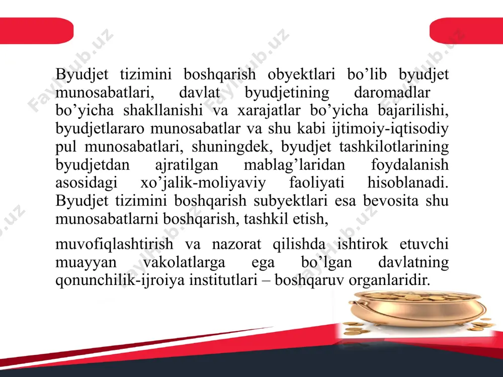 ning pensiya ta’minoti sohasida davlat siyosatining asosiy yo’nalishlarini ishlab chiqish, pensiya jamg’armasi daromadlari va xarajatlarining mutanosibligini ta’minlash, hamda ularni nazorat qilish; sug’urta tashkilotlarining sug’urta munosabatlari barcha qatnashchilarining huquq va qonuniy manfaatlari himoya qilinishini ta’minlashga qaratilgan faoliyatini nazorat qilish, buxgalterlik hisobi va hisobotining yagona metodologiyasini shakllantirish va amalga oshirish, auditorlik faoliyatini tartibga solish, mamlakatning moliya bozorlarini rivojlantirish bo’yicha davlat siyosatini amalga oshirishda ishtirok etish; qoraqalpog’iston respublikasi byudjeti, viloyatlar va toshkent shahar mahalliy byudjetlari, tumanlar va shaharlar byudjetlari loyihalarini tayyorlaydi hamda ularni qoraqalpog’iston respublikasi vazirlar kengashiga, viloyatlar va toshkent shahar, tumanlar va shaharlar hokimliklariga ko’rib chiqish uchun kiritadi; soliqlar va boshqa majburiy to’lovlarni ularning manbalari kesimida to’liq va o’z vaqtida tushishi ustidan monitoringni amalga oshiradi; tegishli byudjetning ijro etilishi jarayonida unga tushumlarni ko’paytirish bo’yicha qo’shimcha zaxiralarni aniqlaydi; byudjet tashkilotlariga va byudjet mablag’lari oluvchilarga ular uchun nazarda tutilgan byudjetdan ajratiladigan mablag’lar hajmlarini yetkazadi; hududiy moliya organlarining byudjet sohasidagi vakolatlari quyidagilardan iborat: byudjet tashkilotlarining …