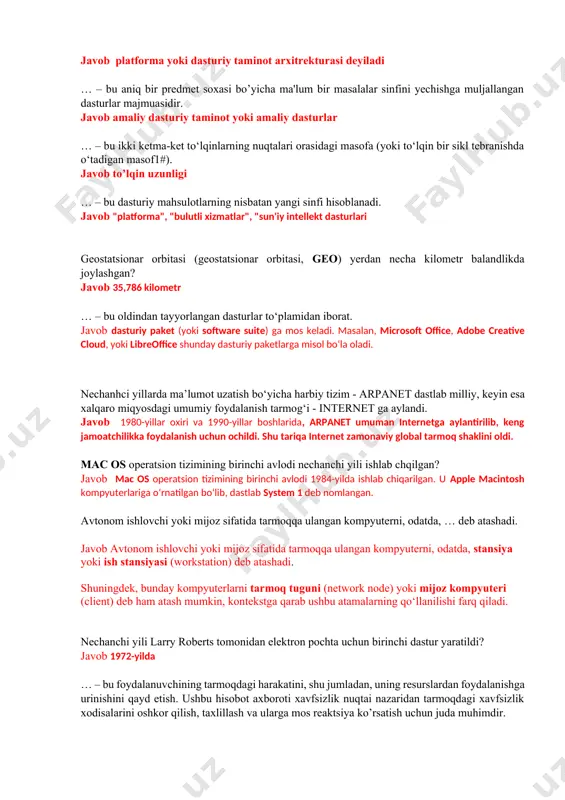 … deb ataladi. javob platforma yoki dasturiy taminot arxitrekturasi deyiladi … – bu aniq bir prеdmеt soxasi bo’yicha ma'lum bir masalalar sinfini yеchishga muljallangan dasturlar majmuasidir. javob amaliy dasturiy taminot yoki amaliy dasturlar … – bu ikki ketma-ket to‘lqinlarning nuqtalari orasidagi masofa (yoki to‘lqin bir sikl tebranishda o‘tadigan masof1#). javob to’lqin uzunligi … – bu dasturiy mahsulotlarning nisbatan yangi sinfi hisoblanadi. javob "platforma", "bulutli xizmatlar", "sun'iy intellekt dasturlari geostatsionar orbitasi (geostatsionar orbitasi, geo) yerdan necha kilometr balandlikda joylashgan? javob 35,786 kilometr … – bu oldindan tayyorlangan dasturlar to‘plamidan iborat. javob dasturiy paket (yoki software suite) ga mos keladi. masalan, microsoft office, adobe creative cloud, yoki libreoffice shunday dasturiy paketlarga misol bo‘la oladi. nechanhci yillarda ma’lumot uzatish bo‘yicha harbiy tizim - arpanet dastlab milliy, keyin esa xalqaro miqyosdagi umumiy foydalanish tarmog‘i - internet ga aylandi. javob 1980-yillar oxiri va 1990-yillar boshlarida, arpanet umuman internetga aylantirilib, keng jamoatchilikka foydalanish uchun ochildi. shu …
