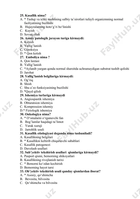 hujayralarning chirishiga nima deyiladi? 1. distrofiya 1. atrofiya 1. yalliglanish 1. * nekroz 42. yallig’lanishning mahalliy belgisi hisoblanadi 1. qizarish 1. shish 1. mahalliy harorat ko‘tarilishi va og’riq 1. * qizarish, shish, mahalliy harorat ko‘tarilishi va og’riq 43. normada o‘pkada qanday nafas eshitiladi? 1. * vezikulyar 1. bronxial 1. shovqinli 1. xirillash 44. dori vositalarni enteral yuborish deganda nima tushuniladi? 1. til ostiga 1. to‘g’ri ichak orqali 1. * og’iz orqali 1. in’yeksiya orqali 45. dori vositasi til ostiga tashlansa qaysi usul hisoblanadi? 1. * sublingval 1. rektal 1. enteral 1. parenteral 46. dori vositasi to‘g’ri ichak orqali yuborilsa qaysi usul deyiladi? 1. sublingval 1. * rektal 1. enteral 1. parenteral 47. vaginal dori yuborish usuli bu… 1. til ostiga 1. to‘g’ri ichak orqali 1. * qinga 1. in’yeksiya orqali 48. yog’ning hujayrada noto‘g’ri taqsimlanishi natijasida qanday hodisa yuz beradi? 1. yog’ suyuqlanishi 1. yog’ parchalanishi 1. yog’ so‘rilishi 1. …
