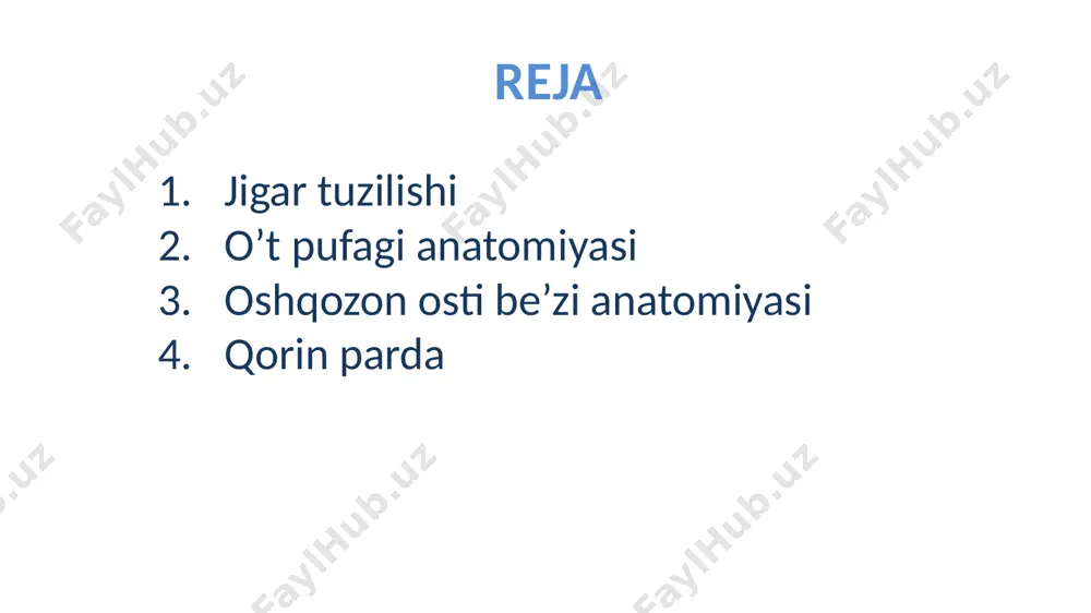 enosum (ductus venosus anastomozi qoldig’i) to’ldirib turadi sulcus transversus jigar darvozasi – porta hepatis joylashadi porta hepatisga kiradi: a.hepatica propria, v.portae, nervlar; chiqadi: ductus hepaticus communis – o’t yo’li, limfa tomirlar boylamlari diafragmal yuzada: lig.falciforme hepatis – o’roqsimon boylam lig.coronarium hepatis lig.triangulare dextrum et sinstrum visseral yuzada: lig.teres hepatis lig.venosum lig.coronarium area nuda qo’shni organlar bilan boylamlari: lig.hepatorenale lig.hepatogastricum lig.hepatoduodenale lig.hepatooesophageale jigar fiksatsion apparati: area nuda barcha boylamlari vv.hepaticae + v.cava inferior qorin ichki bosimi segmentar tuzilishi segment – fibroz parda bilan boshqa segmentlardan ajralgan, xususiylashgan qon tomirlarga, innervatsiyaga va o’t yo’liga ega, piramidasimon shakldagi birlik jigarda 5 sector va 8 segment bor segmentlari: segmentum posterius – lobus caudatusda segmentum laterale superior segmentum laterale inferior segmentum mediale segmentum anterius inferior segmentum posterius inferior segmentum posterius superior segmentum anterius superior mikroskopik tuzilishi lobulus hepatis jigarning struktur-funksional birligi geksagonal prizma shaklida markazida v.centralis, periferik uchlarida triada hepatis: a.interlobularis, v.interlobularis,ductus biliferi interlobularis joylashgan …