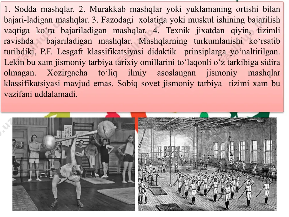 asketbol, regbi, xokkey, maysa ustidagi rus laptasi va boshqalar. tarixan mavjud jismoniy tarbiya tizimlari o‘yinning shu tomonlarni xisobga olib, jamiyat aozolari xar tomonlama jismonan garmonik tarbiyalashning asosiy omillaridan biri deb tan olganlar va tarbiya jarayonida undan foydalanganlar. gimnastika – o‘yinlar, sport, turizm qatori u xam jismoniy tarbiya vositasidir. asosiy vazifasi turli xayotiy faoliyat uchun umumiy jismoniy tayyorgarlikni yo‘lga qo‘yish vositasidir. bundan tashqari, o‘zining gavdasini tuta bilishi yoki tananing aozolari xarakatini boshqara olishi, tanadagi jismoniy kamchiliklarni to‘rilashdek maxsus vazifalarni xam xal qila oladi. xozirgi kunda jaxon xalqlari gimnastikasi tizimini tanqidiy o‘rganilib, keraksizlarini uloqtirib, foydali tomonini o‘zida ilmiy mujassamlashtirilgan xolda jismoniy tarbiya sharoitida ijobiy foydalanilmoqda. gimnastikada jismoniy mashqlarning barchasi qo‘llani-lishi mumkin. aslida esa quyidagi mashqlar ko‘rinishida qo‘llaniladi. a) saflanish va qayta saflanish mashqlari. bu mashqlar saflanishning ratsional yo‘llari, gavdani to‘ri tutish, koman-dalarga bo‘ysunish, qaddi-qomatni rostlash va boshqa vazifa-larni xal qiladi; b) asosiy jismoniy mashqlar. bu mashqlar tananing barcha aozolariga umumiy yoki ayrim …