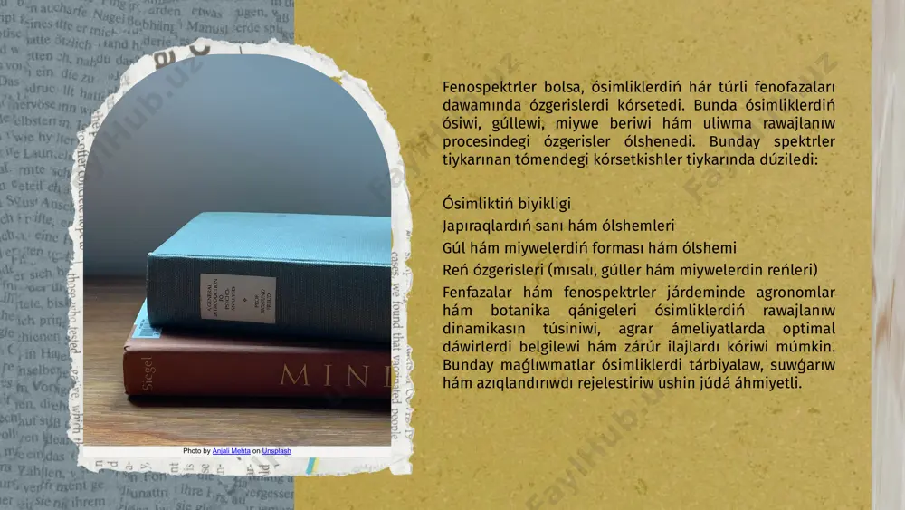 paydalanıw áhmietli. biologiyalıq hám ekologiyalıq usıllar da zıyankeslerge qarsı gúresiwde áhmiyetli orin tutadi. 7. úyde ósiriw zirali ósimlikler úyde yamasa baglarda ósiriliwi múmkin. olardı tárbiyalaw hám ósiriw procesinde tómendegi faktorlar áhmiyetli: suwgariw hám azıqlıq zatlar: ósimliklerdi waqtında suwģarıw hám kerekli azıqlıq zatlar menen támiyinlew áhmiyetli. jer tayarlaw: túkler hám bóleksheler ósimliktiń tamır sistemasın hám salamatlıǵın támiyinleydi. ósiw sharayatları: tábiyiy klimat sharayatlarına beyimlesiwi, mısalı, bos jerlerde tez-tez jayılıp atırgan yaki denelerge arnalgan ziyrekler hám ósimlikler sıyaqlı. photo by anjali mehta on unsplash ziralı ósimliklerdiń ósiwi hám rawajlanıwı quramalı hám kóp táreplerdi óz ishine alatuǵın process. ósimliklerdiń salamatlıǵın hám joqarı ónim alıwdı támiyinlew ushın olardı durıs tárbiyalaw, klimat sharayatların esapqa alıw hám zıyankeslerge qarsı gúresiw áhmietli. awıl xojalıǵında bilimler hám zamanagóy texnologiyalardı qollanıw arqalı ósimliklerdiń rawajlanıwın maksimal dárejede nátiyjeli etiw múmkin. ziraqlı ósimliklerdiń ósiwi hám rawajlanıwı haqqında jáne de tereńirek pikir júrgiziwimiz múmkin, bul proceslerdi jáne de tolıq hám hár qıylı shıǵarmalardı …