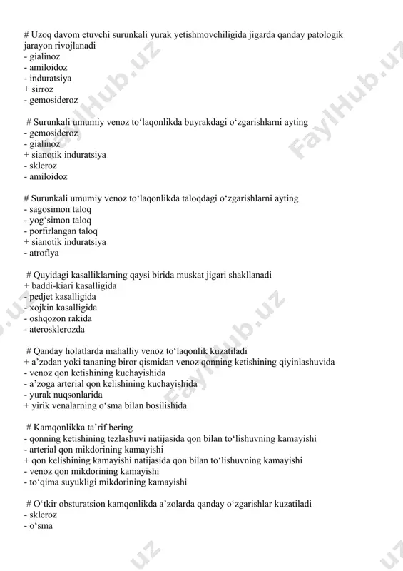 yishi - to‘qima suyukligi mikdorining kamayishi # o‘tkir obsturatsion kamqonlikda a’zolarda qanday o‘zgarishlar kuzatiladi - skleroz - o‘sma - petrifikatsiya + infarkt - yallig‘lanish # perikard bo‘shlig‘ida qonning to‘planishi qanday nomlanadi? - gemotoraks - gemangioma + gemoperikard - gidrotoraks - perikardit # plevra bo‘shlig‘ida qonning to‘planishi qanday nomlanadi? - gemoperikard - gidrotoraks - fibrotoraks - plevrit + gemotoraks # qorin bo‘shlig‘ida qonning to‘planishi qanday nomlanadi? - gemoperikard + gemoperitoneum - assit - peritonit - gematoma # agar to‘qimalarga quyilib, ivigan qon bo‘shliq xosil qilsa qanday nomlanadi? + gematoma - ishemiya - gemangioma - giperemiya - shish # to‘qima elementlari qon to‘planishida saqlanib qolsa qanday nomlanadi? + gemorragik infiltratsiya - gematoma - gemangioma - gemosideroz - gemoblastoz # qon talashlar nima? - bo‘shliklarda qonni to‘planishi - kichik gematoma - teridagi qon quyilishlar + teri va shilliq qavatlardagi yuza qon quyilishlar - petixial qon quyilishlar # petexiyalar nima? - ko‘p sonli yirik …