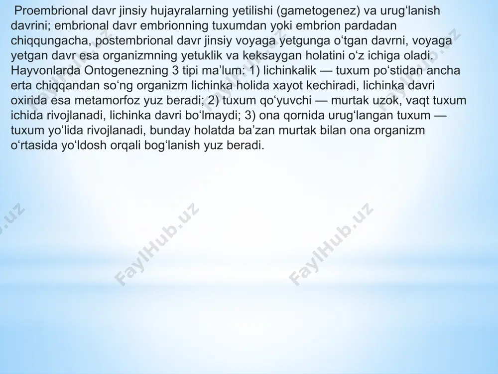 da oʻsimliklar hujayralari, toʻqimalari va organlarining strukturaviy va funksional ixtisoslashuvi yuz beradi; oʻsimliklar turli qismlarining oʻzaro taʼsiri murakkablashib boradi; yaxlit sistema sifatida butun bir organizm yoshga oid qaytmas oʻzgarishlar paydo qiladi. . ontogenezda oʻsimliklarning bir butunligi fitogormonlar, shuningdek, har xil organlar, mas, fotosintez qiluvchi organ — barglar bilan suv va mineral moddalarni shimuvchi ildiz oʻrtasida metabolitlar almashinuvi orkali taʼminlanadi. ontogenez davomida oʻsimlik oʻsadi va rivojlanadi. oʻsish oʻsimlikning boʻyiga ortishi, yaʼni miqsoriy oʻzgarishi boʻlsa, rivojlanish sifat oʻzgarishidan iborat. koʻpchilik oʻsimliklar yopishib yashashi tufayli ular ontogenezi koʻp jihatdan tashqi muhit sharoitiga bogʻliq. oʻsimliklarda muhitning noqulay omillariga turli xil moslanishlar (tinim holati, fotoperiodizm va boshqalar) paydo boʻlgan. shu tufayli ular faoliyatining faol davri yilning eng qulay fasliga toʻgʻri keladi.[1] manbalar to'g'ridan-to'g'ri va bilvosita ontojenisi organizmning to'g'ridan-to'g'ri turi farovonligini kirdi, umumiy anahattındaki kattalar o'xshaydi, metamorfoz hech bosqichi bor. bilvosita turdagi bir kattalar organizmning ichki va tashqi tuzilishi farq larva, paydo bo'ladi. bu usuli harakati …