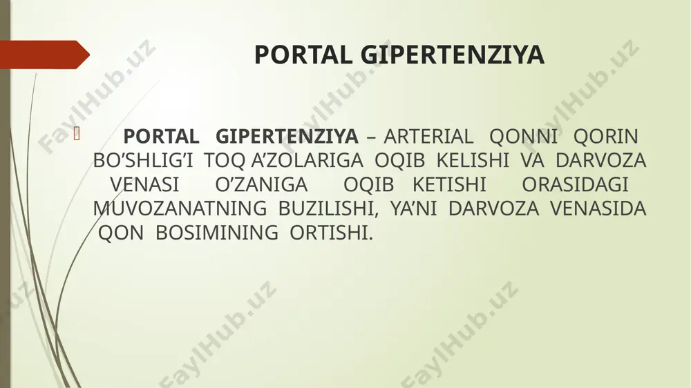bariy sulfat) dopplerografiya davolash varikoz kengaygan venalardan qon ketishni davolash: i. konservativ davo. oktreotid – 0,01% 1ml, vena ichiga, 3marta kuniga, №5 vazopressin – terlipressin – endoskopik terapiya skleroterapiya ligatura qo’yish iii blekmor-seynstaken zondi varikotsin trombovar ligatura qo’yish blekmor-seynstaken zondi xirurgik davo portosistem anastomoz endovaskulyar usullar: taloq arteriyasini surunkali embolizatsiyasi qizilo’ngach va medaning varikoz kengaygan venalarni o’tkir embolizatsiyasi жигар циррози-сурункали прогрессирланувчи касаллик бўлиб жигар паренхима ва стромасини зарарлаб жигар ҳужайралари дистрофияси жигар тўқимаси тугунли регенерацияси, бириктирувчи тўқима ўсиши, жигар бўлакли структурасининг ва қон томир тизими диффуз ўзгариши, жигар ва талоқ ретикулоэндотелиал элементларнинг гиперплазияси, гиперспленизм ва жигар функционал бузилишлари билан кечадиган касалликдир. касаллик кўпроқ ўрта ва қарилик ёшидаги эркакларда учрайди. 25 этиологияси цирроз вирусли гепатитдан кейин ривожланиши мумкин; модда алмашинуви бузилганда (кандли диабет, тиреотоксикоз) сурункали алкоголизмда; холестаз натижасида ут йулларининг узок вакт сикилиши ва тикилиб колиши; токсик ёки токсико-аллергик гепатитлар окибатида; конституционал-оилавий мойиллик; жигарни баъзи моддалар билан сурункали инфильтрацияси (гемохроматоз, гепатоцеребрал …