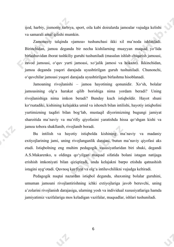 bilan tashkil etiladigan istiqbollar ularning hammasi uchun xarakterli boʻlgan ayrim umumiy xususiyatlarga ega boʻladi: 1. bevosita bolalarning qiziqishiga hamda vazifani bajarish uchun birgalikda jamoa boʻlib kurash olib borishning quvonchli manzarasiga asoslangan ishlarning maroqli boʻlishi; 2. ishlarning iijtimoiy foydali qiymati va ularning butun xalqimiz olib borayotgan kurash bilan bogʻliqligi; 3. istiqbol uchun kurashning borishini aniq tashkil etish; 4. oʻquvchi-yoshlarda konkret axloqiy sifatlarni tarbiyalashda pedagogik maqsadga muvofiqlik. har xil istiqbollarni tashkil etishdagi asosiy metodik usul bolalarni birorta istiqbolga erishish uchun kurashga tayyorlashdan iboratdir. bu tayyorgarlikka ish rejalari, loyihalar va boshqalarni muhokama qilish kiradi. soʻngra istiqbol sari harakat qilishga yordam beradigan amaliy ish bajarilishi lozim. bu ish jamoani tashkil etish va jipslashtirish jarayonidagi eng muhim bosqichlaridan biridir. shunga erishish kerakki, barcha yoshlar umumiy faoliyatda ishtirok etsin va bu ishtirok etish faol, ijobiy xarakterga ega boʻlsin. topshiriqlarni jamoaning barcha a’zolari oʻrtasida toʻgʻri taqsimlash bolalarni qiziqarli ishlarni bajarishga jalb qilishning asosiy yoʻlidir. bolalarning aql-idroki emas, …