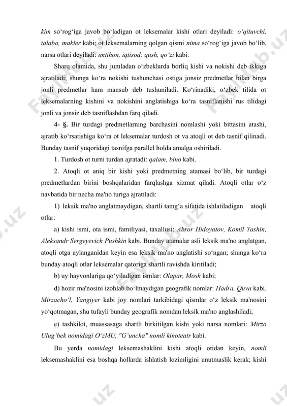 di va shu asosda turli ma'no qirralari ifodalanadi. ushbu ot leksemashakl qolipida leksemaning oxirgi tovushi bilan morfemaning bosh tovushi orasida ham zich sintagmatik munosabat voqe bo‘ladi: leksema oxiridagi g, g‘ tovushi bilan morfema boshidagi g tovushi o‘zaro ta'sir qilib, kk, qq tovushlariga aylanadi, natijada g fonemasining k allofonemasi, g‘ fonemasining q allofonemasi voqe bo‘ladi: barg(ga > barkka (barg-ga yoziladi), pedagog(ga > pedagokka (pedagogga yoziladi), bog‘(ga > boqqa (bog‘ga yoziladi), cho‘g‘(ga > cho‘qqa (cho‘g‘ga yoziladi) kabi. o‘zaro ta'sir leksema oxiridagi d tovushi bilan morfema boshidagi d, g tovushi orasida ham yuz beradi, natijada d fonemasining t allofonemasi, g fonemasining k allofonemasi voqe bo‘ladi: daromad ( dan > daromattan (daromaddan yoziladi), daromadga > daromatka (daromadga yoziladi) kabi. 10- §. ot leksemashaklning ikkinchi qolipi uch morfem paradigma ko‘rsatkichlari bilan tuziladi; birinchi qolipdan farqli holda bu qolipda sonlovchi bilan turlovchi oralig‘ida nisbatlovchi (nch) qatnashadi: ol ( s ( nch ( тr. bu qolipda qatnashadigan …