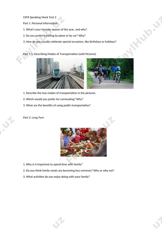 nd how long have you been doing it? 2. do you enjoy working in a team or independently? why? 3. what skills do you think are important for a successful career? part 1.1: describing work environments (with pictures) (b1-b2) 1. describe the two different work environments in the pictures. 2. which work environment do you think is more productive? why? 3. how has the workplace changed in recent years? part 2: long turn (b2-c1) 1. why has remote work become more popular in recent years? 2. do you think remote work will become the norm in the future? why or why not? 3. what are some advantages and disadvantages of working from home? part 3: discussion (c1-c2) topic: the future of work for: technology allows more flexible working arrangements. globalization makes it easier to work with people from different countries. automation and ai can make certain jobs more efficient. against: …