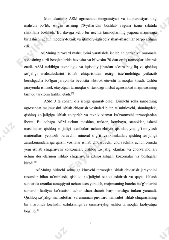 ixtisoslashgan korxonalar va boshqalar kiradi.[5] asmning birinchi sohasiga kiruvchi tarmoqlar ishlab chiqarish jarayonini resurslar bilan ta`minlash, qishloq xo`jaligini sanoatlashtirish va qayta ishlash sanoatida texnika taraqqiyoti uchun asos yaratish, majmuaning barcha bo`g`inlarini samarali faoliyat ko`rsatishi uchun shart-sharoit barpo etishga imkon yaratadi. qishloq xo`jaligi mahsulotlari va umuman pirovard mahsulot ishlab chiqarishning bir maromda kechishi, uzluksizligi va ommaviyligi ushbu tarmoqlar faoliyatiga bog`liq.[8] ikkinchi sohaga bevosita qishloq xo`jaligi mahsulotlari ishlab chiqarish bilan shug`ullanuvchi korxonalar, birinchi navbatda, fermer va dehqon xo`jaliklari kiradi. bundan tashqari asmning ikkinchi sohasiga-pillachilik, asalarichilik, qisman o`rmonchilik (tabiiy oziq-ovqat va dorivor o`simliklar yetishtirish) hamda baliqchilik kiradi. bu soha asmning asosini, yadrosini tashkil etadi. majmuaning boshqa sohasiga kiruvchi tarmoqlar asosan shu soha mahsulotlari asosida faoliyat yuritadilar yoki ushbu sohaga xizmat ko`rsatadilar.[1] 1-chizma. asmning uchinchi sohasi qishloq xo`jaligi mahsulotlarini tayyorlovchi, qayta ishlovchi va tayyor mahsulotlarni iste`molchilarga yetkazib beruvchi tarmoqlar va korxonalarni o`z ichiga qamrab oladi. paxta, go`sht va sut zavodlari, meva sharbatlari chiqaruvchi zavodlar, …