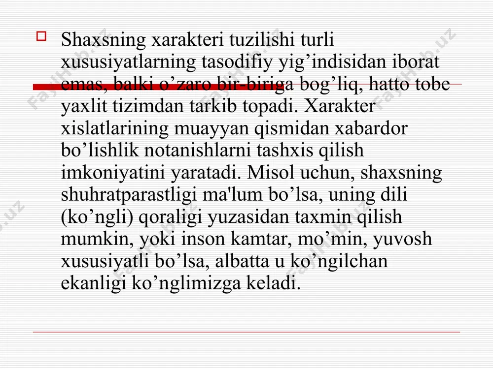ratparastlik, mag’rurlik, o’zini katta olish, kamtarlik kabilar). xarakterning tarkibi faqat ayrim xususiyatlarining o’zaro bog’liqligi bilan emas, balki bir butun xarakterga xos bo’lgan xususiyatlar bilan belgilanadi. xarakterning xususiyatlari jumlasiga birinchidan, ularning chuqurlik darajasi kiradi. shaxsning markaziy, asosiy munosabatlari bilan belgilanadigan xususiyatlarini biz xarakterni bir muncha chuqurroq xususiyatlari deb ataymiz. masalan, barkamol shaxsda odamlarga, jamoa va mehnatga nisbatan vijdonan munosabatda bo’lish bilan belgilanadigan xususiyatlar chuqurroq xususiyatlar hisoblanadi. ikkinchidan, xarakter kuchi yoki faolligi. xarakter faolligi xarakter xususiyatlarining kishini biror narsaga qarshilik ko’rsatish darajasi bilan belgilanadi. uchinchidan, xarakterning tarkibiy xususiyatlariga uning barqarorlik va o’zgaruvchanlik darajasi kiradi. xarakter barqarorligi va o’zgaruvchanligi ham moslashish faoliyatining zarur shartlaridandir. xarakter ma'lum darajada plastikdir (egiluvchandir). xarakterning plastikligi ikki xil ma'noga ega, birinchidan, xarakterning barqarorligi singari muhim faol ta'sir qilishidir. ikkinchidan, xarakter ma'lum darajada plastik bo’lganligi uchungina istalgan odamning xarakterini qayta tarbiyalay olamiz. kishiga mustahkamlanib, uning shaxsiy xususiyatiga aylanib qolgan iroda sifatlari xarakterning iroda bilan bog’liq bo’lgan xislatlaridan, bu sifatlar …