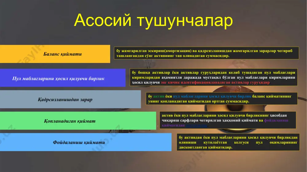 анилади пул маблағларини ҳосил қилувчи бирлик ёки активлар (индивидуал) активлар гуруҳларидан келиб тушадиган пул маблағлари аҳамиятли даражада мустақил бўлган пул маблағлари киримларини ҳосил қилувчи энг кичик идентификацияланадиган активлар гуруҳидир мулоҳаза талаб этади! мисол автобус компанияси тегишли маҳаллий ҳокимият билан тузилган шартнома асосида бешта алоҳида йўналишларнинг ҳар бири бўйича минимал хизмат кўрсатишни талаб этадиган хизматларни кўрсатади. ҳар бир йўналишга ажратилган активлар ва ҳар бир йўналиш бўйича пул оқимлари алоҳида аниқланиши мумкин. йўналишлардан бири аҳамиятли даражада зарар билан фаолият кўрсатади. ташкилот бирор автобус йўналишини қисқартириш имконига эга бўлмаганлиги сабабли, бошқа активлардан ёки активлар гуруҳларидан келадиган пул маблағлари киримларидан аҳамиятли даражада мустақил бўлган ҳолда, аниқланадиган пул маблағлари киримларининг энг қуйи даражаси бўлиб, яхлит бешта йўналиш томонидан юзага келадиган пул маблағлари киримлари ҳисобланади. ҳар бир йўналиш учун пул маблағларини ҳосил қилувчи бирлик бу яхлит автобус компанияси ҳисобланади. биргаликда фойдаланиладиган активлар корпоратив активлар - ташкилотнинг бош офиси ёки бўлинмасининг биноси, электрон маълумотларни қайта ишлаш ускуналари …