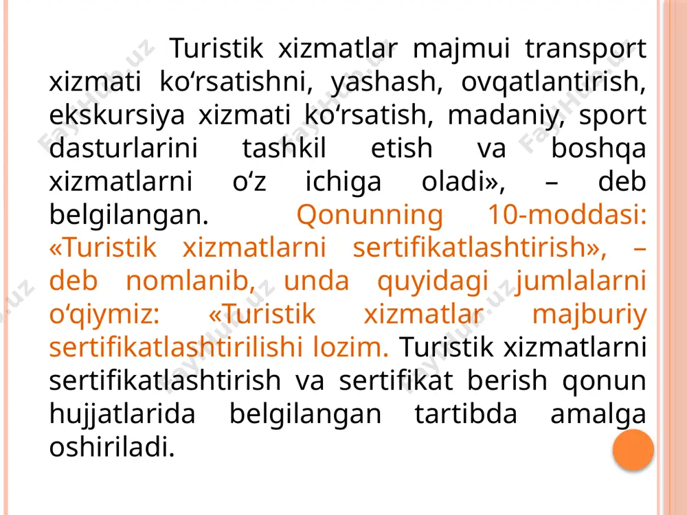 a turistik xizmatlar tufayli to‘la dam olishga erishadi. natijada o‘z sayohatidan ko‘ngli to‘ladi. qo‘shimcha turistik xizmatlardan turist ikki xil vaziyatda foydalanadi: turpaketning tanaffus qismida yoki turist bo‘sh qolgan vaqtda foydalanadigan xizmatlar (masalan: kechqurin registon maydonida namoyish etiladigan ovozli va nurli panoramaning tomoshasi); asosiy xizmatlar ko‘rsatilishi davomida yoki turist ehtiyojidan kelib chiqqan holda foydalanadigan xizmatlar (masalan: qo‘shimcha gid xizmati). turistga birinchi vaziyatdagi qo‘shimcha turistik xizmatlarni ko‘rsatish uchun quyidagilarga e’tibor berish kerak: turistlar qiziqishlarini inobatga olib, iloji boricha turistlarga faqat yaxshi kayfiyat bag‘ishlaydigan qo‘shimcha xizmatlar taqdim etish o‘rinli hisoblanadi. shu o‘rinda bu xizmatlar turistga ijobiy taassurot qoldira olishi kerak. masalan: o‘zbek milliy to‘ylariga va oilalarga olib borish, turistni milliy konsert, festivallarga taklif etish. buning uchun respublikada turistlarga xizmat qiladigan milliy ansambl guruhlarini tashkil etish maqsadga muvofiq bo‘ladi; turist uchun yangilik bo‘lgan va bunday vaziyatga oldin duch kelmagan qo‘shimcha turistik xizmatlarni ko‘rsatish. masalan: samarqandda bir –biriga masofa jihatidan yaqin joylashgan yodgorliklar (amir temur …
