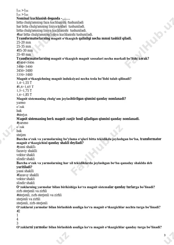 transformatorlari uzatilayotgan elektr energiyaning kuchlanishini necha martagacha kuchaytirib beradi? 35 marta 20 marta #25 marta 30 marta 103 mw quwatni 1000 km masofaga uzatish uchun necha kv kuchlanish kerak bo’ladi. 220 kv #500 kv 660 kv 750 kv bajaradigan vazifasiga ko‘ra transformatorlar qanday turlarga bo’linadi #kuch transformatorları va maxsus transformatorlar kuch transformatorlari tok transformatorlari, maxsus transformatorlar maxsus transformatorlar, o’lchov transformatorlar kuch transformatorlari; o’lchov transformatorlar transformatorlar fazalar soniga ko ‘ra qanday turlarga bo’linadi? #bir, uch va ko‘p fazali (sohavıy); bir, uch bir, uch va ikki fazali bir, ikki,uch va ko‘p fazali (sohaviy); chulg‘amlar soniga ko‘ra transformatorlar necha chulg’amli bo’ladi? #ikki, uch va ko‘p chulg‘amlı bir,ikki, uch va ko‘p chulg‘amli bir, uch va ko‘p chulg‘amli uch va ko‘p chulg‘amli pasaytiruvchi transformator ko’rsatilgan qatorni toping? uin u2n i1n > i4n i1n > i3n kuchaytiruvchi transformator ko’rsatilgan qatorni toping? #uin u1n 3 i1n > i3n i1n > i4n nominal kuchlanish deganda -……. bitta chulg'amning …