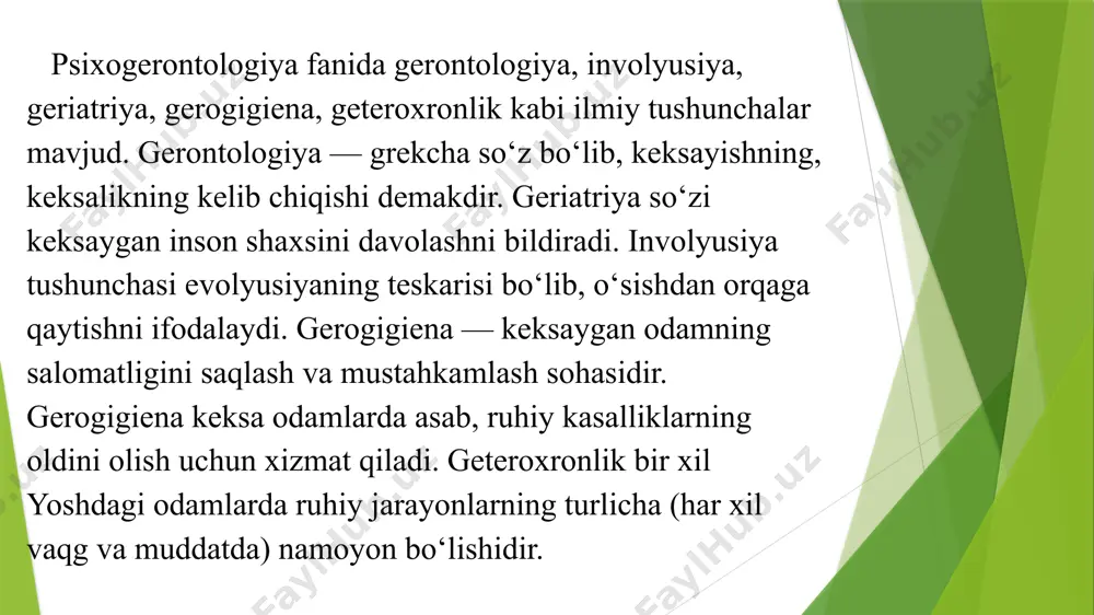 a’noli xotirada miqdorning ahamiyati saqlanadi; obrazli xotira zaiflashadi; 70—89 yoshlarda xotiraning barqarorlik negizida ma’noning ichki aloqdsi yotadi; uzoq muddatli xotira kuchsizlanadi; 90 yoshda nutqning ichki bog‘lanishi buziladi; xotiraning obrazli, hissiy turlari nutqning tuzilishiga bo‘ysunmay qoladi. xulosa gerontopsixologiya nafaqat psixologiya sohasining bir tarmog'i, balki jamiyatdagi qariyalar uchun muhim qo'llab quvvatlash tizimini taqdim etadi. bu sohaning rivojlanishi, qariyalarning psixologik holatiga yanada samarali yondashishni ta'minlashga yordam beradi. gerontopsixologiya jamiyatda qariyalarga nisbatan chuqur hurmat va qayg'u ko'rsatishning muhim vositasi bo'lib, uning rivojlanishi kelajakda yanada kengroq imkoniyatlar yaratadi gerontopsixologiyaga oid testlar. 1)tadqiqotchi p.p lazerev nechanchi yilda umr ótishi bilan kóruv apparatu marlaziy etnologiyasining xiralashuvini aytgan edi. a)1932 b)1928 ✅ c)1945 2.i.v davidovskiy qaysi asarida takidlanganidek inson 50-60 yoshga tólganda yoki undan oshganda yetuklikni kechikkan davri kirib keladi. a)yetuklik davri b)keksalikka xos xususiyatla c) keksayish nima ✅ 3.amerikalik psixolog kim (1846-1924 ) "keksayish monografiyasida amaliy va metodologik ahamiyatga moyil qator ĝoyalarni ilgari surgan. a)s.xoll ✅ b) …