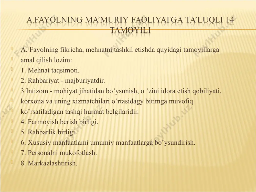 saqlab qolish -sarmoyani ko’paytirish -dividend olish -qaror qabul qilish imkoniyati -mustaqillik -e’tirof personal (yollanma ishchilar) -ishonchli ish o’rni -yuqori ish haqi -yaxshi mehnat sharoitlari -ijtimoiy xizmatlar -korxona faoliyatida ishtirok etish -o’z qobilyatini namoyon etish kredit beruvchilar -yuqori foizlar -sarmoya xizmatlari -kafolatlar -ta’sir -axborot mijozlar -keng takliflar -arzon narx -yuksak sifat - manfaatli shartlar tovar yetkazib beruvchilar -mo’may daromad -kam xarajat -yaxshi munosabat -munosabatlarning davomiyligi -shartnomaga sodiqlik jamoatchilik -maqsadga erishishga ko’maklashish -salomatlik -farovonlik -turmush darajasi -axbborot -atrof-muhit muhofazasi personalni boshqarish jarayonidagi asosiy ishtirokchilar maxsus (ishlab chiqarish, moliya va hokazo) menejment umumiy menejment personal logistika moliya ishlab chiqarish mahsulotni sotish rejalashtirish boshqaruv tizimini tashkil etish nazorat qiziqtirish maxsus funksiyalar umumiy funksiyalar personal - menejment tizimida korxona jamoasining maqsadlari va natijalari mijozlar xodimlar tashkiliy tuzilma asosiy yo’nalish personalni boshqarish yo’nalishlari mehnat — iqtisodiy maqsadga muvofiq faoliyatdir. ish – shartnoma asosida, ya’ni mehnatga haq to’lash va boshqalarga bo’ysunish asosida bajariladigan mehnat faoliyati turidir. mehnatni …