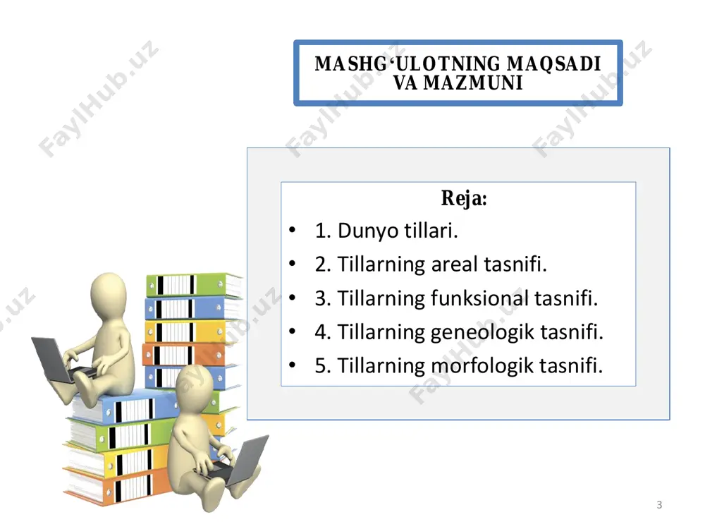 t dravid oltoy indonez hind- yevropa xom- som kavkaz- iberiy 16 geneologik tasnif til oilalari 17 hind-yevropa tillar oilasi kelt tili guruhi: irland, shotland (o‘lik) boltiq tillari guruhi: litv a,latviya german tili guruhi shimoliy: daniya, shved, norveg, island. sharqiy: vestg ot, ostgot (o‘lik tillar) g’arbiy: ingliz, golland, frits, nemis slavyan tillari guruhi sharqiy: ru s, ukrain, belorus janubiy: bo lgar, makedon, serb- xorvat, slovyan tili g’arbiy: chex, slovak, polyak, kashub, sorab hind tillari guruhi: jonli tillar:hind, urdu, bengal, panjob, maraxti, singal, nepal, bixar, oriy, assam, kashmir, lo‘lilar tili o‘lik til: sanskrit alban tili arman tili roman tili guruhi: fransuz, italyan, ispan, portugal, rumin, moldovan lotin grek tillari guruhi: grek hind-yevropa tillar oilasi 19 kavkaz tillari oilasi g’arbiy guruh abxaz, kabardin, cherkas, adigey nax tili guruhi chechen, ingush, batsbiy janubiy yoki kartvel tillari guruhi gruzin, zan, svan dog’iston tillari guruhi avar, darg’in, lezgi, lak, tabasarin (bularning yozuvi bor) va andiy, karatin, …
