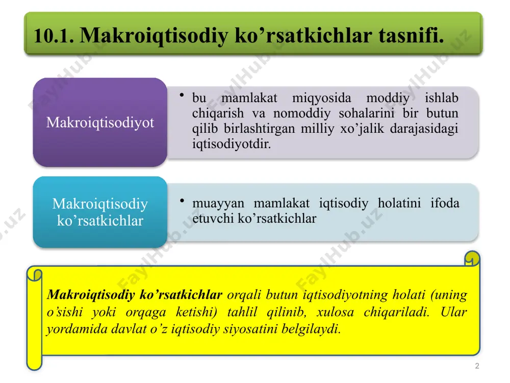 yamm=50+6=56 6 6 yamm va yaim o‘rtasidagi tarkibiy nisbatlar 7 manba: o‘zbekiston respublikasi davlat statistika qo‘mitasi ma’lumotlari. o'zbekistonda yaim dinamikasi (trln. so'mda) yalpi ichki mahsulot 2000-yil 2005-yil 2010-yil 2015-yil 2016-yil 2017-yil 2018-yil 2019-yil 2020-yil 2021-yil yanvar-mart 3.2555999999999998 15.923399999999999 74.042027199999993 210.18310170000009 242.49552260000004 302.53681609999978 406.64850000000001 510.11719170000003 580.20319999999992 128.5568462 8 9 manba: surxondaryo viloyat statistika boshqarmasi ma’lumotlari (www.surxonstat.uz) surxondaryo viloyatidagi yalpi hududiy mahsulot hajmi dinamikasi (joriy narxlarda trln. so'm) surxondaryo viloyati 2010-yil 2011-yil 2012-y il 2013-yil 2014-yil 2015-yil 2016-yil 2017-yil 2018-yil 2019-yil 2020-yil 3.1586999999999996 4.9219999999999997 6.0903 7.0218999999999996 8.7262999999999984 10.558200000000001 11.545999999999999 13.702200000000001 17.802 21.573700000000002 24.003599999999999 10 10.3. yalpi ichki mahsulotni hisoblash usullari. milliy hisoblar tizimi (mht) bu barcha asosiy iqtisodiy jarayonlarni, takror ishlab chiqarish sharoitlari, jarayonlari va natijalarini tavsiflovchi o‘zaro bog‘liq makroiqtisodiy ko‘rsatkichlar, tasniflar va guruhlar tizimi. 11 mht bmt tomonidan e’lon qilingan «milliy hisoblar va yordamchi jadvallar tizimi» nomli hujjat asosida xalqaro statistikada standart tizim sifatida 1953-yildan boshlab qo‘llanila boshladi. shu davrdan (1953-yildan) …