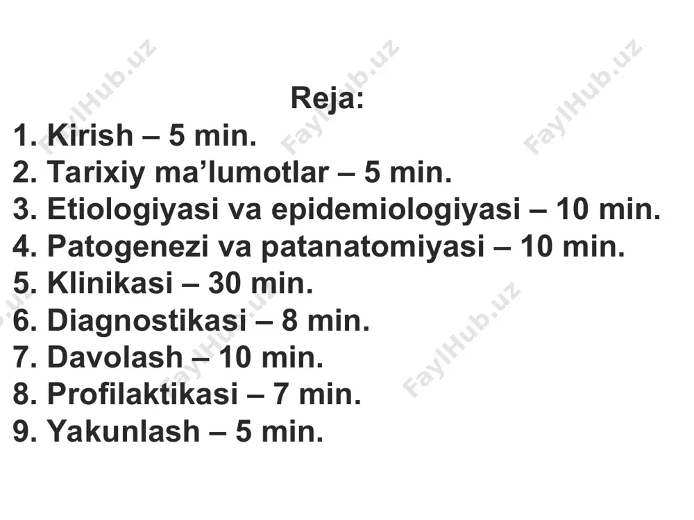 a kam. kasallikni ko’zg’atuvchisi makroorganizmga teri iva shilliq qavat orqali tushadi difteriya tayoqchasini toksigen shtammi organizmga tushgan joyda to’qima xujayralarga fiksatsiya qilinadi, ko’payadi va hayot davomida ekzotoksin ishlab chiqara boshlaydi mikroorganizm xujayrasi makroorganizmni jarohatlashda to’g’ridan-to’g’ri ishtiroketmaydi difteriya tayoqchasini ekzotoksini bir nechta fraksiyadan iborat: patogenezi gialuronidaza – kapillyarlarni gialuron kislotasini parchalab o’tkazuvchanligini oshiradi, natijada fibrinogenga boy ekssudat ajralib chiqa boshlaydi neyrotoksin – infeksiya tushgan joydagi epitelial hujayralarni nekrozga uchrashi natijasida ajralib chiqqan trombokinaza ta’sirida fibrinogen fibringa aylanib fibrinli plyonka hosil qiladi bodom bezlari boshqa organlardan farq qilib, ko’p yadroli epiteliy bilan qoplanganligi uchun fibrinli plyonka epitelial qavat ichiga kirib, to’qima bilan zich birikib ketadi haqiqiy difteriya toksini: hujayra strukturasidan sitoxrom b ni siqib chiqaradi natijada xo’jayradan havo almashuviga va oqsil molekulalarning sintez qilinishiga qarshilik qiladi. bunday o’zgarishlarga miokard, kapillyarlar va nerv hujayralari o’ta sezgir bo’lishadi kardiomiotsitlarda boshlangan miokardiodistrofik o’zgarishlar keyinchalik nekrozga, miolizga aylanib, infeksion toksik miokardit keltirib chiqaradi kapillyarlarni jarohatlanishi natijasida …