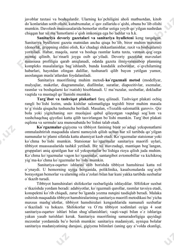 r ma’ruzaning kirish, asosiy qismlari va xulosasi bo`ladi. ma’ruza mavzusi va tinglovchilar xilma-xilligi (yoshi, jinsi, kasbi, umumiy va sanitariya madaniyati darajasi va x.k.) ga qarab, ma’ruzachi adabiyotlar va rasmlarni to`g`ri tanlashi lozim. bayonni o`z ma’ruzasining qisqacha rejasi yoki mavzuning moxiyatini ochishdan boshlashi mumkin. ma’ruzaning asosiy qismida uning mazmuni yoritiladi; aniq, ancha muhim va ahamiyatli ma’lumotlar bayon yetiladi. ma’ruza hammabop va ishonarli bo`lishi kerak. ma’lumotni izchil bayon yetish va asosiy raqam hamda tsitatalarni xotirada tiklash uchun konspektdan foydalanish kerak. ma’ruzachi tinglvchilarga razm solib turishi, ma’ruza ularga qanday ta’sir ko`rsatayotganligini sezishi lozim. jamoa haytidan, badiiy adabiyotlardan olingan misollar bilan boyitilgan yoki kinofilmlar nmoyish qilish bilan o`tkaziladigan ma’ruzalar tinglovchilar tomonidan yaxshi qabul qilinadi. ma’ruza oxirida aytilgan fikrlarga yakun yasash, xulosalar chiqarish va tinloqvchilarni ma’ruzachining tavsiyalariga mala qilishga chaqirishi lozim. xulosani qisqa va iloji boricha ko`tarinki ruxda, ta’sirchan qilish kerak. suxbat- targ`ibotning smarali vositasi bo`lib, uni shifokor hamda tibbiyot hamshirasi o`tkazishi mumkin. suxbatlar rejali …