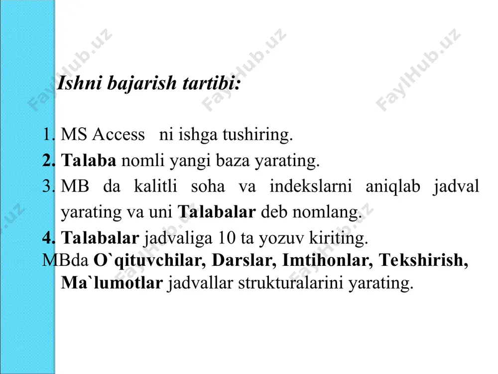 rat sohasi uchun условие на значениеxossasida “between 0 and 30” ni kiriting va xato xaqida mos ma`lumot bering. 13.konstruktor rejimida darslar jadvali strukturasida quyidagi o’zgartirishlarni bajaring: soatlar soni nomli chislovoy tipidagi sohani qo’shing va sohani sovpadeniya doпускayutsya qiymati bilan indekslangan deb e`lon qiling. 14. talabalar jadvali maketini o’zgartiring: tug`ilgan sanasi sohasini sharifi sohasidan keyin o’rnating; sharifi va stipendiya sohalarini yashiring (скрыт buyrug’i yordamida); ustunlar uchun faqat vertikal setkani qoldiring; yozuvlar foni uchun ixtiyoriy rangni tanlang; jadvaldagi yozuvlar rangi va shriftini o’zgartiring. 15. talabalar jadvalini quyidagi belgilarga qarab saralang: familiya sohasida o’sish bo’yicha; stipendiya sohasida kamayish bo’yicha; fakultet sohasida o’sish va kurs va gruppa sohalarida kamayish bo’yicha. talabalar jadvali strukturasi quyidagicha bo’lishi mumkin: imya polya tip polya talaba kodi cчетчик familiya текстовый ismi текстовый sharifi текстовый fakultet текстовый kurs числовой gurux числовой tugilgan sanasi data/vremya stipendiya числовой imtixonlar jadvali strukturasi quyidagicha bo’lishi mumkin: imya polya tip polya fan kodi числовой talaba …