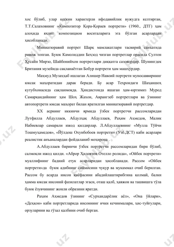 идлари ҳақида ҳикоя қилади. рафаэльнинг сикстин мадоннаси юзидаги маюсликка қаранг, ремб-рандтнинг кўпни кўрган қарияларининг доно чеҳрасини эсланг, рубенснинг «изабелла»сини ёдга олинг, репиннинг канини - бурлак ва философ. қандай индивидуал ўзига хослик ва инсон характерининг мафтункор образлари яратилган. портретчи рассом инсон характери ва унинг индивидуаллиги устида ишлайди. бу эса рассомдан чуқур билим талаб қилади, тасвирланувчи ҳақида ҳамма нарсани, унинг юз элементларини кўп томонлама образли ҳолатларини, энг асосийси эса, ҳаққоний, тушунарли ва образли ифодалай билишни талаб этади. инсонни ҳаққоний тасвирламоқ учун уни диққат эътибор билан узоқ кузатмоқ керак, шундай ҳолат, шундай позани, шундай кайфиятни топиш керакки, характернинг хусусияти, сифатини тўлиқ ифодалаш мумкин бўлсин. портретда «қалбни тутиш» керак, «кийимни ва танани эмас». п.п.беньковнинг «татар қизи» портретига прототип терегулованинг ўз маҳалида улуғ рассомдан «тезда ишга тушмаётганлиги учун норози бўлгани»да, бу норозилик рассом ўзи истаган ифода бўлишини кутганлиги боис рўй берган эди. портретда тасвирланувчининг индивидуал белгиларидан ташқари уни ўраб турган муҳит, касбкори ҳақида ҳам энг …