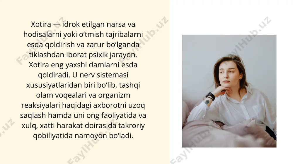 sensorli xotira ma’lumotlarning taassurotlarini eslab qolishga yordam beradi. sensor xotiraning eng keng tarqalgan misollaridan biri bu qorong‘udagi tez harakatlanuvchi chiroqlar: agar siz to‘rtinchi iyul kuni miltillovchi vositani yoqqan bo‘lsangiz yoki kechasi tunda harakatlanishini kuzatgan bo‘lsangiz, yorug‘lik iz qoldiradi. buning sababi "sezgir xotira", vizual xotira omboridir. 2. qisqa muddatli xotira qisqa muddatli xotira - inson xotirasining bir turi, bunda siz ozgina ma’lumotlarga ega bo‘lishingiz mumkin. axborotni bir martalik idrok bilan saqlash davomiyligi bir necha soniyada baholanadi. qisqa muddatli xotira asosiy yoki faol deb ham ataladi. qisqa muddatli va uzoq muddatli xotira bir-biriga qarama-qarshidir, ular axborotni saqlash vaqtida farqlanadi. qisqa muddatli xotira miqdori juda cheklangan va u o‘rtacha 7 +/- 2 ta xotirani saqlaydi. qisqa muddatli xotiraning kengligi o‘ziga xos bo‘lib, butun hayot davomida davom etib keladi. 3. uzoq muddatli xotira uzoq muddatli xotira rasmlarning izlarini juda uzoq vaqt saqlashi mumkin va ularni keyinchalik kelajakdagi faoliyatida qo‘llashga imkon beradi. bu ruhiy jarayonning …