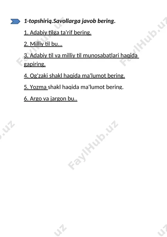 vzuni mustahkamlang va o'zingiz mustaqil tarzda bugungi mavzu haqidagi xulosalaringizni o'g'zaki va yozma bayon etishga tayyorlaning. foydalanilgan adabiyotlar ro'yxati: 1.jamolxonov.hozirgi o'zbek adabiy tili darsligi (120-125) 2013 2.abduazizov a.a.tilshunoslikka kirish.1-qism. 1999 3.belanin.psixolingvistika.2003. 4.primqul qodirov.yulduzli tunlar.