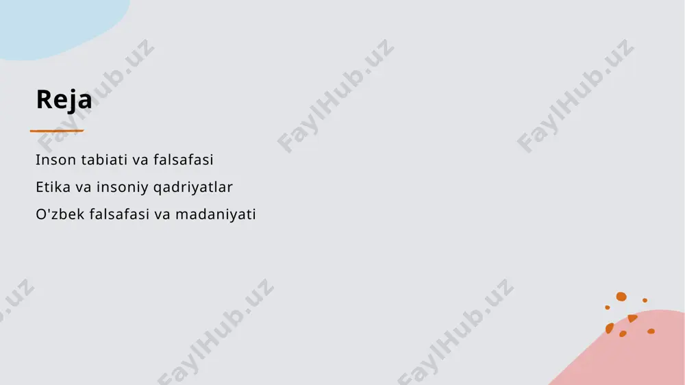 i asosiy printsiplar to'plami sifatida, xulq-atvor va qarorlarimizni qanday yo'naltirishi haqida o'ylashga undaydi. insoniy qadriyatlar insoniy qadriyatlar, adolat, erkinlik, tenglik kabi tushunchalarni o'z ichiga olib, jamiyatda ijtimoiy munosabatlar va uyg'unlikni ta'minlaydi. etik muammolar zamonaviy jamiyatda yuzaga kelayotgan etik muammolar, masalan, bioetika yoki ijtimoiy adolat, insoniyat uchun dolzarb masalalar sifatida qabul qilinadi. insoniy qadriyatlar va ularning jamiyatdagi roli: o'zbek misollari. 01 insoniy qadriyatlar insoniy qadriyatlar, inson hayotining asosiy tamoyillaridan biridir. ular adolat, tenglik va hurmat kabi prinsiplarni o'z ichiga oladi. 02 o'zbek misollari o'zbek madaniyatida insoniy qadriyatlar kuchli o'rin tutadi. masalan, mehmondo'stlik va oila qadriyatlari jamiyatda muhim rol o'ynaydi. 03 jamiyatdagi ta'siri insoniy qadriyatlar jamiyatda ijtimoiy barqarorlikni ta'minlaydi. ular orqali odamlar o'rtasidagi aloqalar mustahkamlanadi va ijtimoiy taraqqiyotga hissa qo'shiladi. etika va insoniyat: zamonaviy muammolar va ularning falsafiy yechimlari. 1 etik muammolar zamonaviy jamiyatda ekologik, iqtisodiy va ijtimoiy adolat kabi etik muammolar dolzarbligini oshirmoqda. bu muammolar insonga ta'sir ko'rsatadi. 2 falsafiy yechimlar …