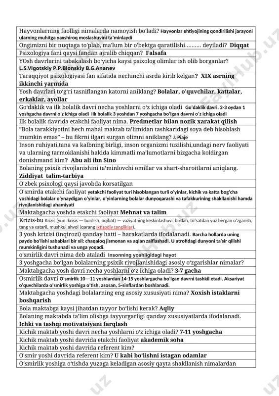 "milliy o'zlikni anglash " muammolariga doir ilmiy izlanishlar olib borgan olim? n. sabayev "kasb tanlash" muammolariga doir ilmiy izlanishlar olib borgan olim? d.arziqulov "motivatsiya" muammolariga doir ilmiy izlanishlar olib borgan olim? haydarov insonning o'z xavfsizligini ta'minlashi qanday faoliyat turi hisoblanadi? ijtimoiy munosabatlarga, ijtimoiy hayotga ta'sir ko'rsatish qanday faoliyat turi hisoblanadi? ijtimoiy munosabatlari( jamoatchilik munosabatlar ) - bu odamlarning mavqei va jamiyatda bajaradigan vazifalari bilan bog'liq ijtimoiy o'zaro ta'sirda yuzaga keladigan turli xil ijtimoiy munosabatlar jamlanmasi. ilm-fan, san'at, din, badiiy ijod qanday faoliyat turi hisoblanadi? ilmiy faoliyat turi lotincha "activus"-faol so'zidan kelib chiqqan tushuncha? faol, tasirchan, ishchan faoliyatning umumiy psixologik nazariyasini ishlab chiqgan olim? liontov … bu-anglangan maqsad bilan boshqariladigan ichki (psixik) va tashqi (jismoniy) harakatlar yeg'indisi. faoliyat strukturasi nimalardan iborat? o’qish o’yin va texnika inson faoliyati ma'lum aniq … lar asosida yuzaga keladi motivlar … - inson faoliyati so'nggi natijasining obrazi sifatida namoyon bo'ladi va ehtiyojlarini amalga oshiradi maqsad …- …