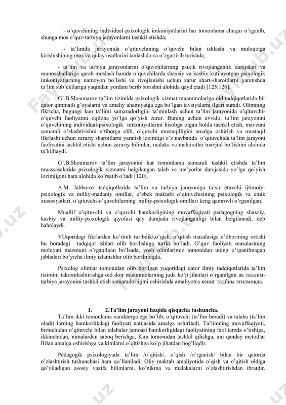 ga qaratilgan turli psixologik jabhalarni o’rganish keyingi yillarda o’zbekistonda ham amaliyotchi psixologlarni tayyorlash va uning o’rni va vazifalarini tadqiq qilish psixologiya fanining keng tadqiqot ob’ektiga aylanib bormoqda. m.g.davletshin o’z tadqiqotlarida o’quvchilarning o’qish faoliyatidagi ko’nikma, malakalarni hosil bo’lishi va psixik qobiliyatlarni rivojlantirish masalalarini ilgari surdi. shuningdek, uning shogirdlari tomonidan tadqiqot muammosini ilmiy dalillar asosida asoslab berganlar. m.g.davletshin ta’lim tizimida o’quv-tarbiya jarayonlarini tashkil etish va uning samaradorligini oshirishda o’qituvchi bilan o’quvchilar faoliyatining sostial-psixologik mexanizmlaridan o’rinli foydalanish zamonaviy pedagogda muallimning shaxsiga, kasbiga xos xislatlarning mujassam bo’lishi va ulardan o’qitishda o’rinli, me’yori bilan foydalana olishini nazarda tutadi. shuningdek, o’qituvchining ezgu maqsad sari intilishi, uddaburonligi, mehnatsevarligi, kamtarligi, haqgo’yligi, sadoqatli bo’lishi, xulq-atvori, yurish turishi, o’zini qo’lga ola bilishi, tashqi qiyofasi, xullas, o’qituvchining milliy va umuminsoniy ahloq me’yorlariga mos keluvchi sifat hamda fazilatlari ta’lim jarayonida o’qituvchi bilan o’quvchi faoliyatining samarasini ta’minlovchi muhim omillar ekanligini e’tirof etadi. psixolog e.g’oziev tomonidan ham o’quvchilar o’quv faoliyatlari xususiyatlari o’quvchilar o’qish jarayonlari …