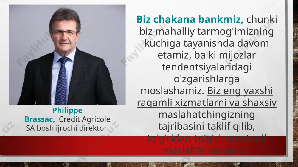 an yagona bank bo'lib, u mijozlarga avtomobil kreditlashning shaffof shartlari va yuqori sifatli xizmat ko'rsatishni kafolatlaydi. credit agricole 100% raqamli va 100% odamlarning o'zaro ta'siriga to'la. bank ca+ mobil ilovasi kabi masofaviy xizmat ko‘rsatish kanallarini rivojlantirmoqda va shu bilan birga filiallar tarmog‘ini modernizatsiya qilmoqda. 2022 yilda, urush davrida, mijozlarga eng yuqori sifatli va xavfsiz kundalik bank xizmatlarini taqdim etish uchun korporativ shaxslar uchun corpex va yakka tartibdagi tadbirkorlar uchun ca+ pro onlayn banki ishga tushirildi. bundan tashqari, bank shaffof va halol ish yuritish madaniyatini shakllantiradi, jamiyat va atrof-muhit muhofazasiga katta hissa qo‘shmoqda. 2016-yildan buyon bu yerda “biz qayg‘uramiz!” keng ko‘lamli korporativ ijtimoiy mas’uliyat dasturi faoliyat ko‘rsatmoqda. , u 4 ta asosiy yo'nalishni o'z ichiga oladi: xayriya, eko-tashabbuslar, ko'ngillilik va xodimlarga g'amxo'rlik. urush boshlanganidan beri bank turli xayriya loyihalariga, asosan, tvoya opora xayriya fondi ko‘magida shifoxonalar uchun tibbiy asbob-uskunalar sotib olishga 21 million grivna ajratdi. credit agricole barqaror rivojlanish bo'yicha top-6 …