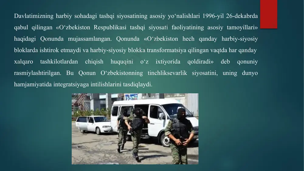 dan kelib chiqib belgilanadi va harbiy doktrina talablariga muvofiq strategik va operativ rejalar bo‘yicha amalga oshiriladi. o‘zbekiston respublikasi oliy majlisining ikkinchi chaqiriq o‘ninchi sessiyasida (2002-yil 12- dekabr) «umumiy harbiy majburiyat va harbiy xizmat to‘g‘risida» hamda «o‘zbekiston respublikasi qurolli kuchlari rezervidagi xizmat to‘g‘risida»gi qonunlar qabul qilindi. mazkur qonunlarga ko‘ra, qurolli kuchlar safidagi muddatli xizmat bir yarim yildan bir yilga qisqartirildi. oliy o‘quv yurtlari bitiruvchilari esa xizmatga faqat to‘qqiz oyga chaqiriladigan bo‘ldi. davlat tuzilmasi va davlat chegaralari daxlsizligini ishonchli himoya qilish, inson huquqlari va erkinliklariga og„ishmay rioya etish, jamiyatdagi millatlararo totuvlik, diniy bag„rikenglik, tinchlik va osoyishtalik – demokratik huquqiy davlat qurishning hamda mamlakatni jadal ijtimoiy-iqtisodiy rivojlantirishning muhim shartlaridan hisoblanadi. mamlakatni rivojlantirishning hozirgi bosqichidagi ustuvor yo„nalishlar, davlat va ijtimoiy hayotning barcha sohalarini isloh qilish borasidagi vazifalarni samarali amalga oshirish davlat xavfsizligini ta‟minlashning sifat jihatdan yangi tizimini shakllantirishni taqozo etadi. o‘zbekiston respublikasi prezidentining 1991-yil 6-sentabrdagi farmoni bilan mudofaa ishlari vazirligi tashkil etildi.1991-yil 26-sentabrda o‘zbekiston …