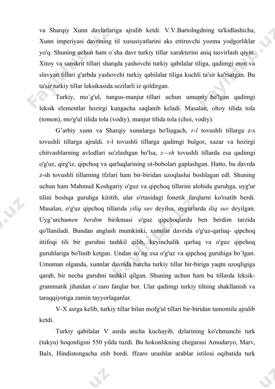 urchamen berdim birikmasi o'guz qipchoqlarda ben berdim tarzida qo'llaniladi. bundan anglash mumkinki, xunnlar davrida o'g'uz-qarluq- qipchoq ittifoqi tili bir guruhni tashkil qilib, keyinchalik qarluq va o'guz qipchoq guruhlariga bo'linib ketgan. undan so`ng esa o'g'uz va qipchoq guruhiga bo`lgan. umuman olganda, xunnlar davrida barcha turkiy tillar bir-biriga yaqtn uzoqligiga qarab, bir necha guruhni tashkil qilgan. shuning uchun ham bu tillarda leksik-grammatik jihatdan o`zaro farqlar bor. ular qadimgi turkiy tilning shakllanish va taraqqiyotiga zamin tayyorlaganlar. v-x asrga kelib, turkiy tillar bilan mofg'ul tillari bir-biridan tamomila ajralib ketdi. turkiy qabilalar v asrda ancha kuchayib, dzlarining ko'chmanchi turk (tukyu) hoqonligini 550 yilda tuzdi. bu hokonlikning chegarasi amudaryo, marv, balx, hindistongacha etib bordi. ffzaro urushlar arablar istilosi oqibatida turk davlati ikki qismga: 1) markaziy yettisuv bo'lgan garbiy turklarga. 2) mo'g'uliston bo'lgan sharqiy turklarga ajraladi. qadimgi turkiy adabiy tilining yozma yodgorliklari runiy (urxun-enasoy) va uyg'ur yozuvlari orqali bizgacha etib kelgan. qadimgi turk davrida turkiy tillar differentsiatsiya …
