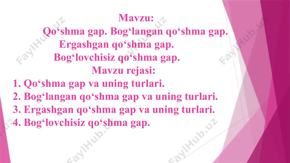 sa, deb; b) -u, -yu, -da, -ki, -mi yuklamalari;d)nisbiy so‘zlar: kim – u, nima – o‘sha; e) shuning uchun, shu tufayli, shu sababli singari ko‘makchili qurilmalar; f) shart mayli qo‘shimchasi -sa. 3. ohang vositasida: avval ular bizga yetib olishsin, keyin birga jo`naymiz. mazmun munosabati va bog‘lovchi vositalarning qo‘llanishiga ko‘ra qo‘shma gaplar 3 xil bo‘ladi: - bog‘langan qo‘shma gaplar, - ergash gapli qo‘shma gaplar, - bog‘lovchisiz qo‘shma gaplar. bog‘langan qo‘shma gaplar va ularning turlari teng munosabatdagi sodda gaplarning o‘zaro teng bog‘lovchilar yoki shu bog‘lovchilar vazifasidagi vositalar yordamida bog‘lanishidan tuzilgan qo‘shma gap bog‘langan qo‘shma gap deyiladi: eshik ochildi va notanish bir odam kirib keldi. tarkibidagi sodda gaplarning o‘zaro mazmun munosabatiga ko‘ra bog‘langan qo‘shma gaplar quyidagi turlarga bo‘linadi: 1. biriktiruv munosabatli bog‘langan qo‘shma gaplar: bunday qo‘shma gaplar tarkibidagi sodda gaplar o‘zaro va, hamda bog‘lovchilari; ham, -u(-yu), -da yuklamalari yordamida bog‘lanadi: birdan iliq shamol esdi va bulutlar yura boshladi. qo‘ylar qo‘raga joylashdi-yu, cho‘ponlarning ko‘ngli …