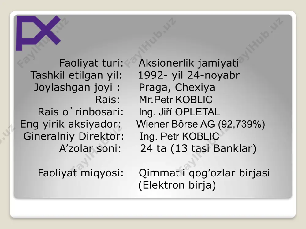 ngari birjaga ham qattiq zarba berdi. birja 1990 yilgacha o`z faoliyatini to`xtatdi. 1990 yil mayda praga fond birjasini tashkil etish bo`yicha dastlabki komitet tashkil qilingan. 1993- yil 24 avgustda 8 ta savdo palatasidan iborat kompaniya assotsiatsiyaga qayta o`zgartirildi. “fond birjasi to`g`risidagi” aktning qabul qilinishi bilan assotsiatsiya “praga fond birjasi” ga o`zgartirildi. praga fond birjasi 5 6 praga fond birjasi tarixi praga fond birjasi qisqa muddat ichida birja avtomatlashtirildi va 1993 yil 6 aprelda o`z faoliyatini boshladi. barcha mamlakatlarga boshqa iqtisodiyiy tizimga o`tish paytida fond bozorlari ustidan nazorat qilish uchun mustaqil boshqaruv modeli xos. 1998 yil aprelda chexiyadagi nazorat qilish funksiyalari moliya vazirligidan mustaqil bo`lgan qimmatli qog`ozlar komissiyasiga o`tdi. 2001 yil 14 iyunda praga fond birjasi yevropa fond birja federatsiyasiga a’zo bo`ldi. praga fon birjasi haqida hikoya: 7 praga fond birjasi tarixi praga fond birjasi 8 praga fond birjasi tarixi praga fond birjasi praga fon birjasi haqida hikoya: 9 praga fond …