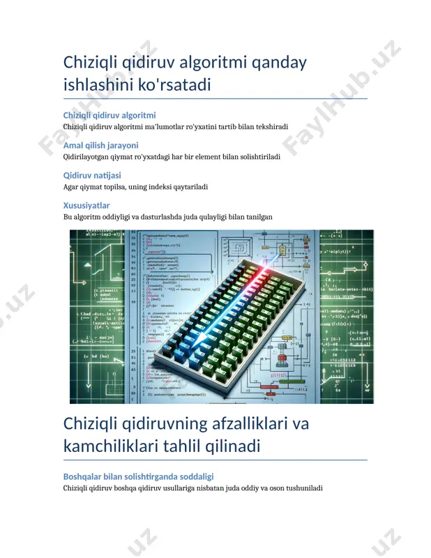 adi. eng yomon holat eng yomon holatda kerakli element ro'yxatning oxirida bo'lishi mumkin. shuning uchun vaqt murakkabligi o(n) ga yetadi. chiziqli qidiruvni qanday amalga oshirishni ko'rsatadi chiziqli qidiruv tushunchasi chiziqli qidiruv - ma'lumotlar ichidan belgilangan qiymatni ketma-ket tekshirish orqali topish usulidir. bu usul ma'lumotlar ro'yxatini oxirigacha tekshiradi. chiziqli qidiruvning jarayoni jarayon har bir elementni alohida ko'rib chiqish orqali amalga oshiriladi. elementlar ro'yxatidan birma-bir o'qilib, maqsadli qiymat bilan taqqoslanadi. chiziqli qidiruvning afzalliklari chiziqli qidiruvning soddaligi va qulayligi uning asosiy afzalliklaridir. har qanday ma'lumotlar to'plamida ishlatilishi mumkin. qayta ishlash va samaradorlik chiziqli qidiruvning samaradorligi ma'lumotlar hajmidan kelib chiqadi. katta hajmdagi ma'lumotlar uchun bu usul tezlik jihatidan samarali bo'lmasligi mumkin. chiziqli qidiruvda ma'lumotlar tuzilmalari muhim ahamiyatga ega chiziqli qidiruv jarayoni chiziqli qidiruv ma'lumotlar tuzilmasini bosqichma-bosqich tekshirib chiqadi va ma'lumotlarni orqa tarafdan oldinga qarab qidiradi ma'lumotlar tuzilmalari roli ma'lumotlar tuzilmalari qidiruv jarayonini tezlashtirib, samaradorligini oshirishga yordam beradi qidiruv samaradorligi to'g'ri tanlangan ma'lumotlar tuzilmasi chiziqli …
