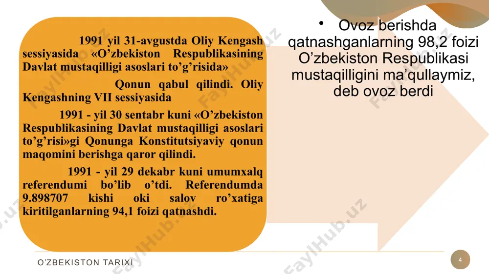 vozimidan ozod qiladi; - oʻzbekiston respublikasi bosh vazirining taqdimiga binoan oʻzbekiston respublikasi vazirlar mahkamasi aʼzolarini tasdiqlaydi va lavozimlaridan ozod qiladi; - oʻzbekiston respublikasi bosh prokurori va hisob palatasi raisini tayinlaydi va ularni lavozimidan ozod qiladi o’zbekiston tarixi prezidentlik hokimyati 13 o’zbekiston respublikasi prezidentining asosiy vakolatlari: - oʻzbekiston respublikasi oliy majlisining senatiga konstitutsiyaviy sud raisi va sudyalari, oliy sud raisi va sudyalari, oliy xoʻjalik sudi raisi va sudyalari, oʻzbekiston respublikasi markaziy banki boshqaruvining raisi lavozimlariga nomzodlarni taqdim etadi; - oʻzbekiston respublikasi bosh vazirining taqdimiga binoan viloyatlar hokimlarini hamda toshkent shahar hokimini qonunga muvofiq tayinlaydi hamda lavozimidan ozod etadi. - oʻzbekiston respublikasi vazirlar mahkamasi majlislarida raislik qilishga haqli; - oʻzbekiston respublikasining qonunlarini imzolaydi va eʼlon qiladi; qonunga oʻz eʼtirozlarini ilova etib, uni takroran muhokama qilish va ovozga qoʻyish uchun oʻzbekiston respublikasi oliy majlisiga qaytarishga haqli; - oʻzbekiston respublikasiga hujum qilinganda yoki tajovuzdan bir-birini mudofaa qilish yuzasidan tuzilgan shartnoma majburiyatlarini bajarish zaruriyati tugʻilganda …