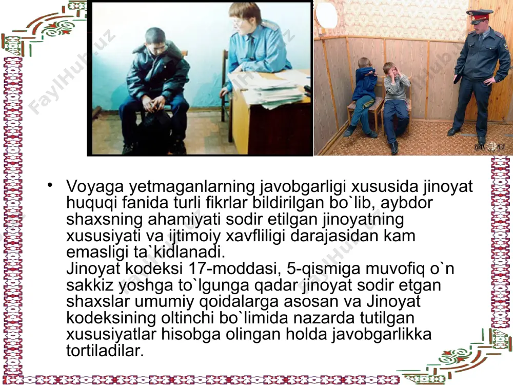 lan band qilishning sust darajada olib borilishi; 10) huquqni muhofaza qiluvchi organlar, xususan militsiya, mahalla posbonlariga voyaga yetmagan shaxslar bilan ishlash, tarbiyaviy, profilaktik choralarni ko`rish, ishga joylashtirish tadbirlari o`tkazish vazifasini yuklovchi huquqiy hujjatlarning mavjud emasligi, mavjud bo`lgan huquqiy hujjatlar ijrosini ta`minlovchi mexanizmning yo`qligi va hokazolar. “bola huquqlari to`g`risidagi” konvensiyada bolalarning jismoniy, aqliy, ijtimoiy rivojlanishi uchun zarur sharoitlarni yaratib berish jamiyatning voyaga yetmaganlar oldidagi burchi ekanligi belgilab qo`yilgan. voyaga yetmaganlarning jinoyat sodir etishi muayyan ma`noda jamiyat tomonidan yuqoridagi majburiyatlarining bajarilmaganligini ifodalaydi. adolatning tiklanishi birinchi navbatda voyaga yetmaganlarning qayta tarbiyalanishida ifodalanadi. voyaga yetmaganlarga nisbatan qo`lanadigan jazo tizimi, jinoyat qonuni bilan belgilangan va sud uchun majburiy hisoblangan jazo choralarning ro`yxati bo`lib, ular o`z navbatida muayyan tartibda joylashtirilgan va qo`llanish tartibi va chegaralari belgilangan ro`yxatdir. o`zbekiston respublikasining jinoyat kodeksida voyaga yetmaganlarga nisbatan qo`llanadigan jazo tizimining asosiy vazifasi voyaga yetmaganlarni majburlash va tarbiyalash hisoblanadi. voyaga yetmaganlarga nisbatan jazo tayinlashning asosiy maqsadi tarbiyalash bo`lsada, lekin og`ir …