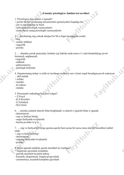 umumiy psixologiya fanidan test savollari — DOC